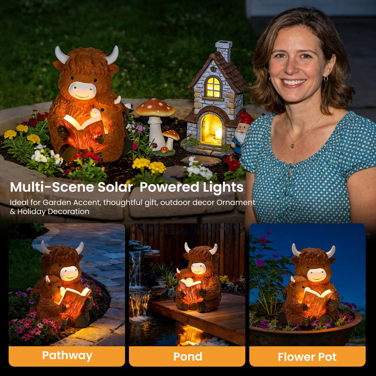 GIGALUMI Solar Highland Cow Decor 8" Garden Statue, Outdoor Decor, Decoration with Light for Patio Yard Lawn Balcony, Christmas/Birthday Gifts for Mom Women