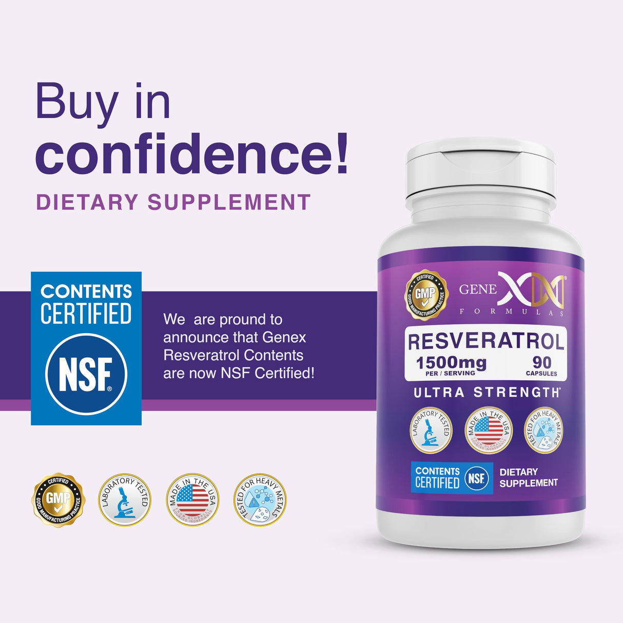 Genex Formulas Resveratrol 1500 mg Supplement for Healthy Aging – NSF Certified for Safety, Quality & Label Accuracy – Potent Antioxidant & Healthy Aging Formula - Gluten Free 90 Count
