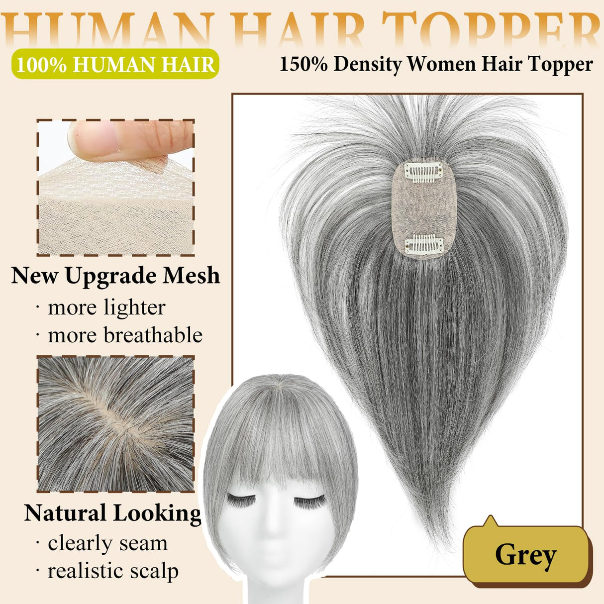 ELEVAVE Hair Toppers for Women Real Human Hair, 360° 3D Cover Wispy Bangs Hair Pieces for Women (Grey)