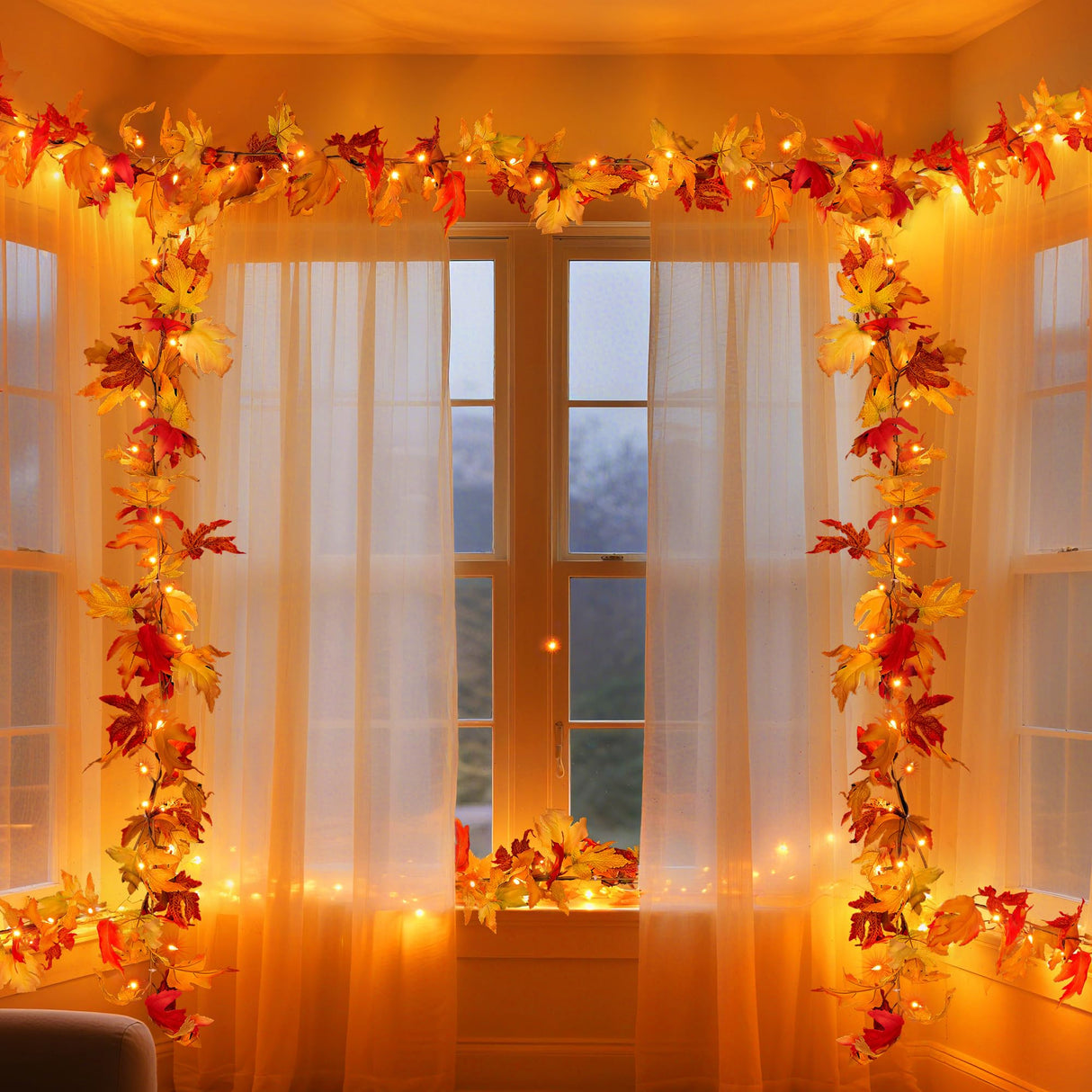 BlcTec Fall Decorations for Home 9 FT Battery Operated Fall Garland with Lights 50 LED Orange Bulbs, 6 Pumpkins, 8 Modes, Timer, Lighted Fall Maple Leaves Garland for Thanksgiving Christmas Decoration
