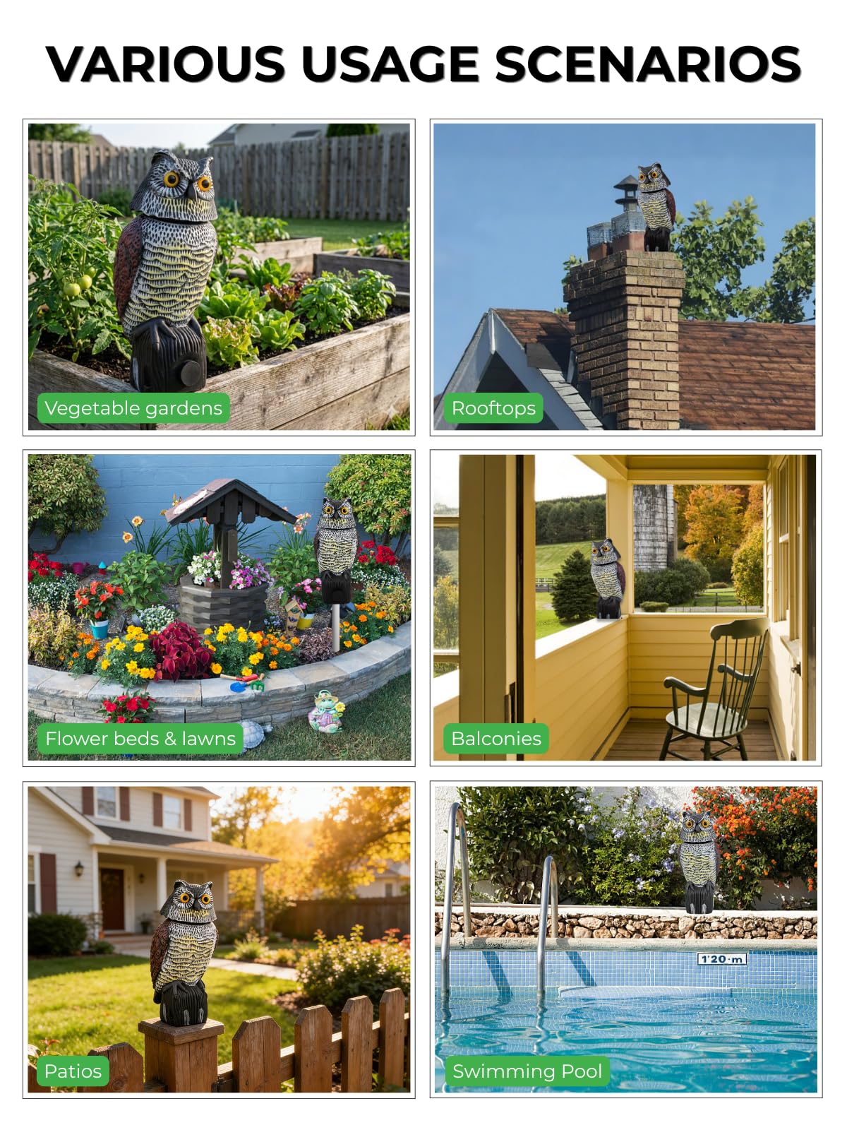 Pestvanish Garden Fake Owl Sculpture with 360° Rotating Head, Waterproof Moving Garden Owl, Outdoor Statue for Yard Patio Balcony Roof Barn Driveway