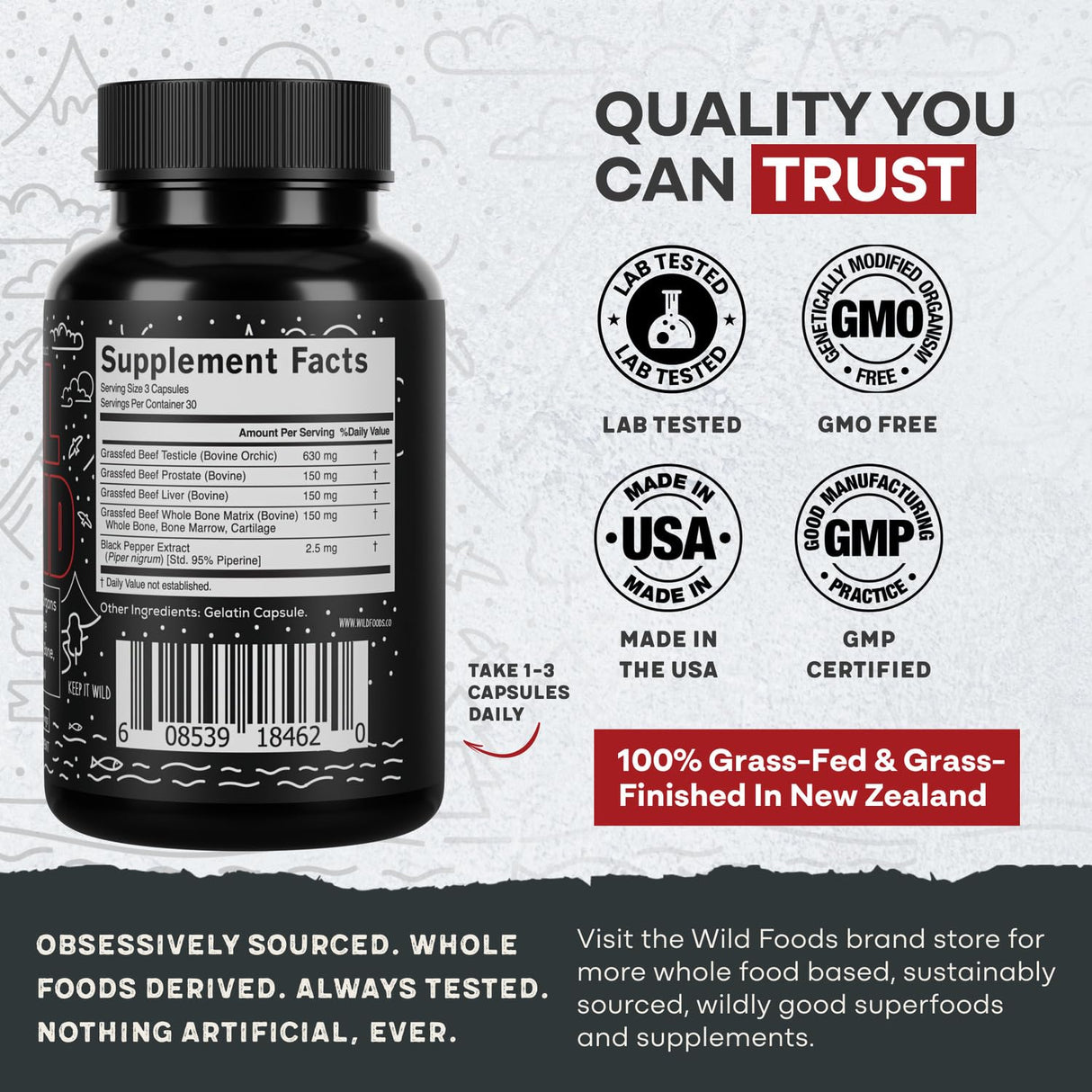 Wild Foods Men's Vitality Formula – Grass-Fed Bovine Supplement & Beef Liver Capsules with Testicle, Prostate, Whole Bone | Primal and Carnivore Diet Approved | 90 Organ Meat Capsules (30-Day Supply)