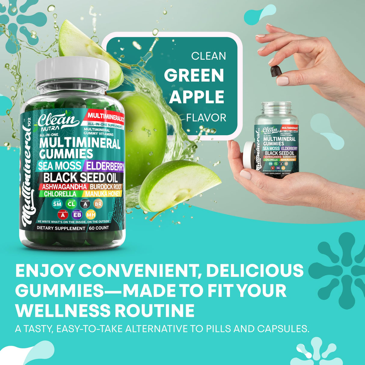 Sea Moss Gummies | Clinically Tested - Black Seed Oil Ashwagandha Elderberry Burdock Root Chlorella Manuka Honey - Vegan Irish Sea Moss Gummy Vitamins for Adults Kids Men Women - Green Apple Flavor