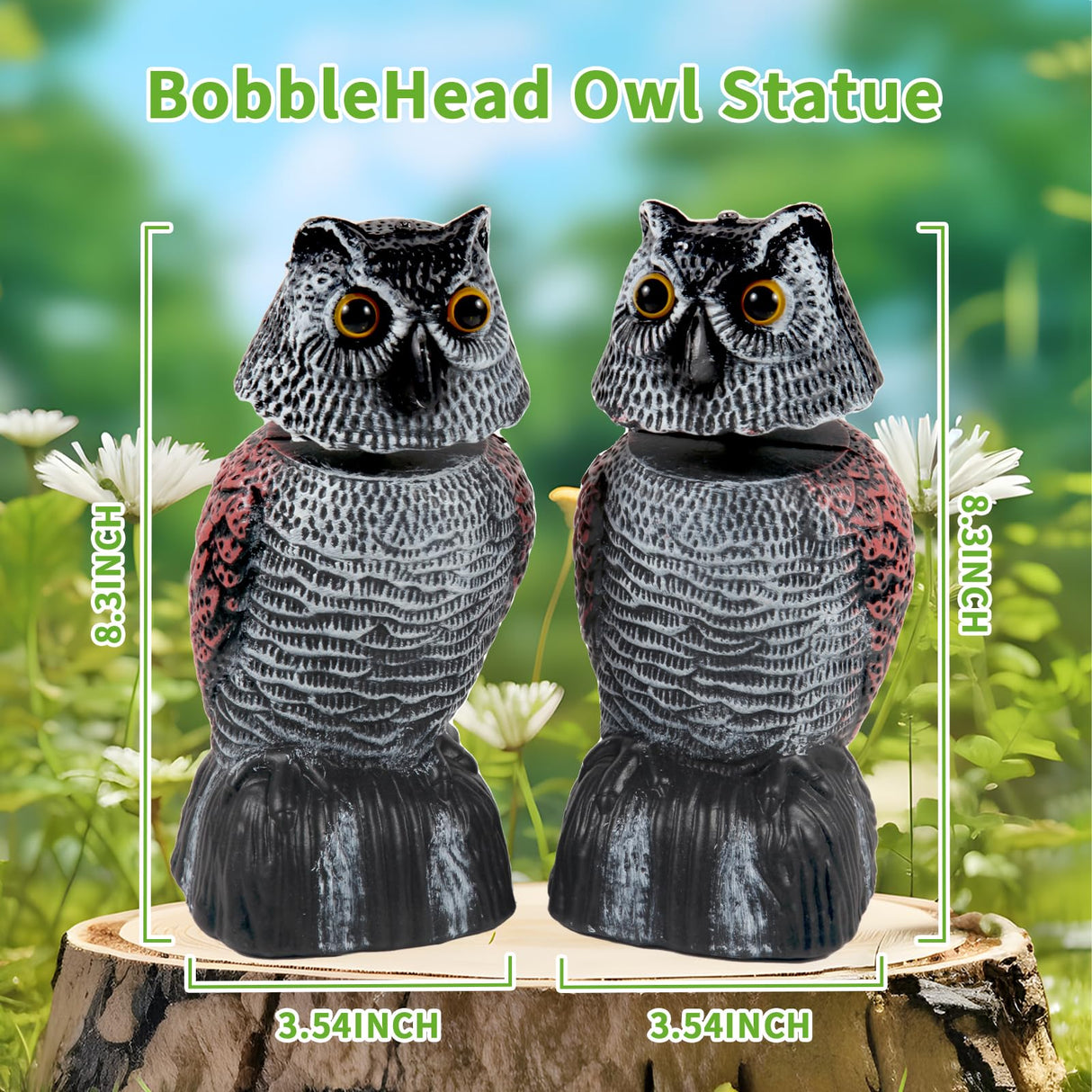 BobbleHead Owl Decoys Sculpture to Scare Birds Away, 3-Pack 8.3" Fake Owl Plastic Scarecrow Bird Deterrent, Natural Enemy Repellent, Garden Decor Statues for outside, Patio, Lawn, Yard Decoration