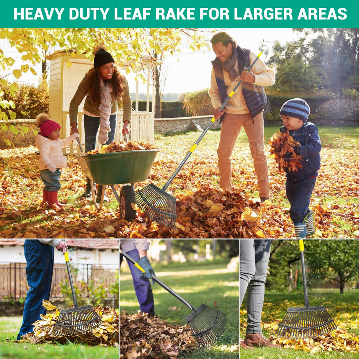 Serqd Adjustable Garden Rake for Leaves 36-73" Long Handle, 18" Wide, Heavy Duty with 25 Metal Tines ,Includes 32Gallon Leaf Bags,Designed for Lawns, Grass, Shrubs ,Flower Beds