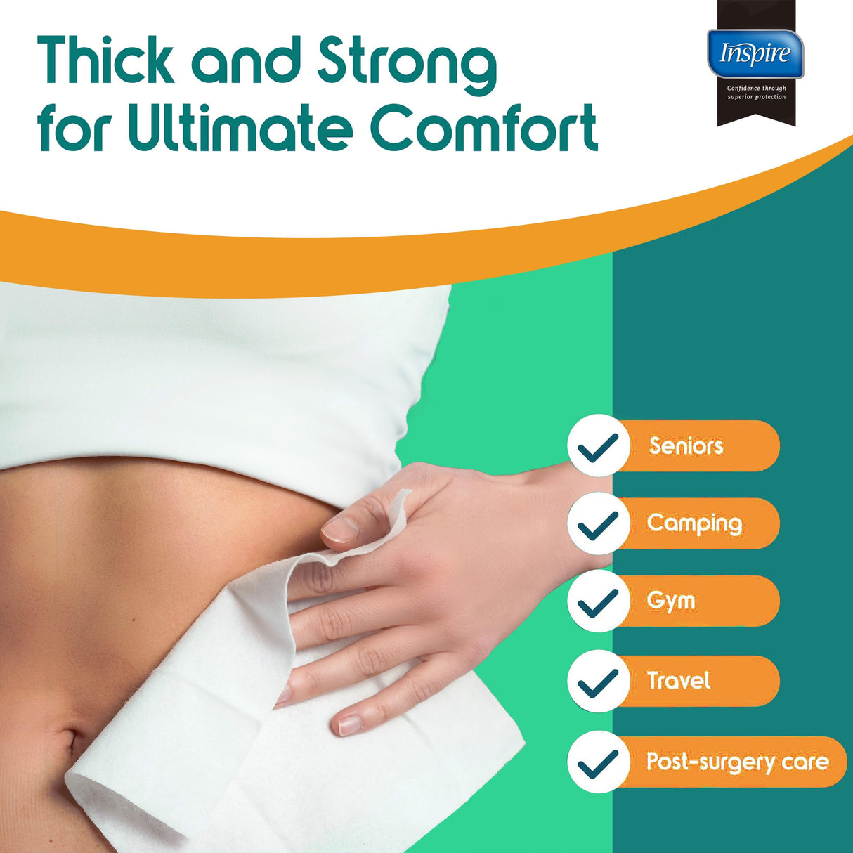 Inspire Ultra Thick Rinse Free Body Wash Wipes, Bathing Wipes, Shower Wipes - Rinse Free Wet Wipes, Thick Strong Extra Large With Aloe Vera Enriched