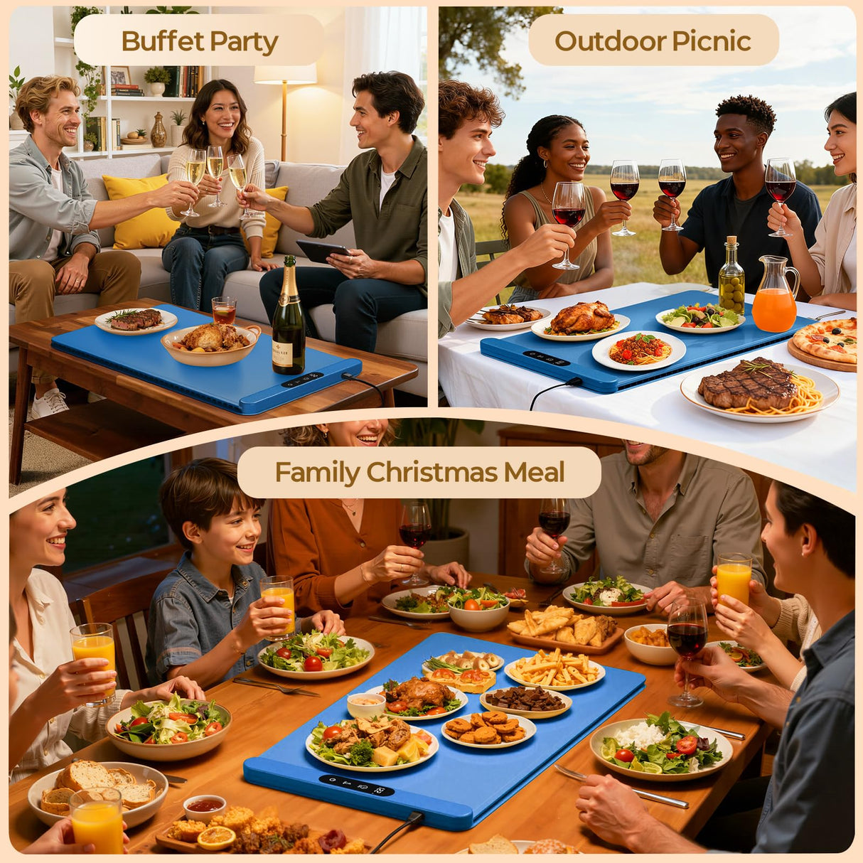 Food Warming Mat with Protective Table Mat, Graphene Fast Full-Surface Heating Mat, Electric Warming Tray with 6 Temperature and 6HoursTimer, Portable Rollable Food Warmer Perfect For Parties Buffet