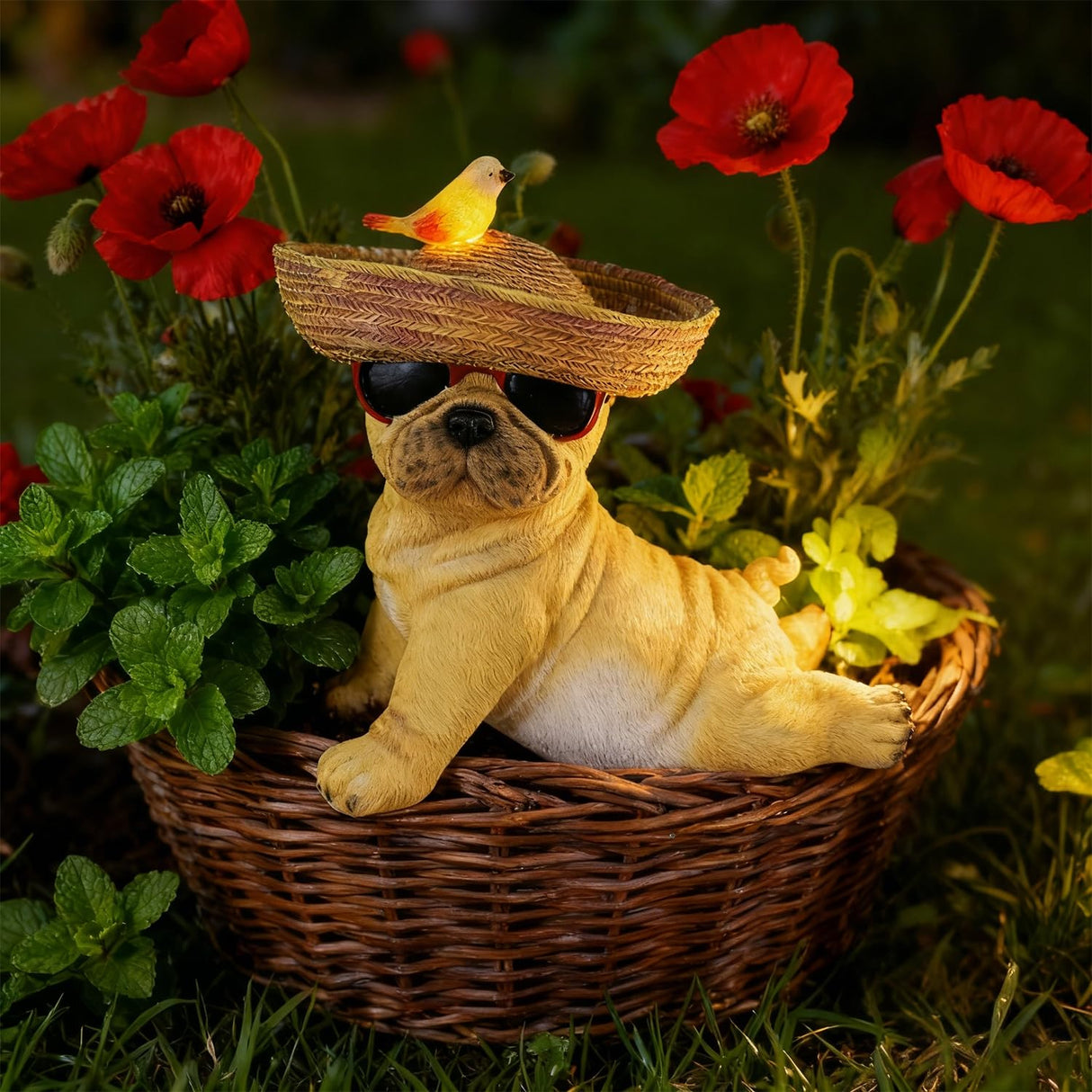Glintoper Solar Garden Statue Dog Figurine, 8.7" Outdoor Resin Puppy Whimsical Lawn Porch Yard Art, Birthday Mothers Day Ideal Gifts, Lighted Shar Pei Ornaments for Patio Pathway Yard Decoration 