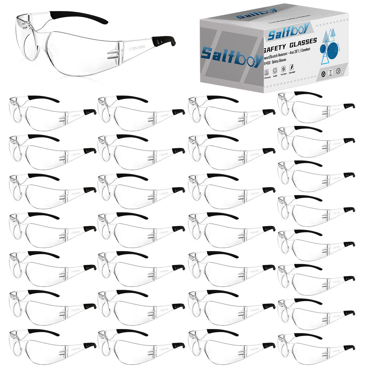 Salfboy Clear Safety Glasses Bulk of 30 Ansi Z87.1 Certified for Scratch Impact Resistant Lens Protective Eyewear for Work, Lab, Construction