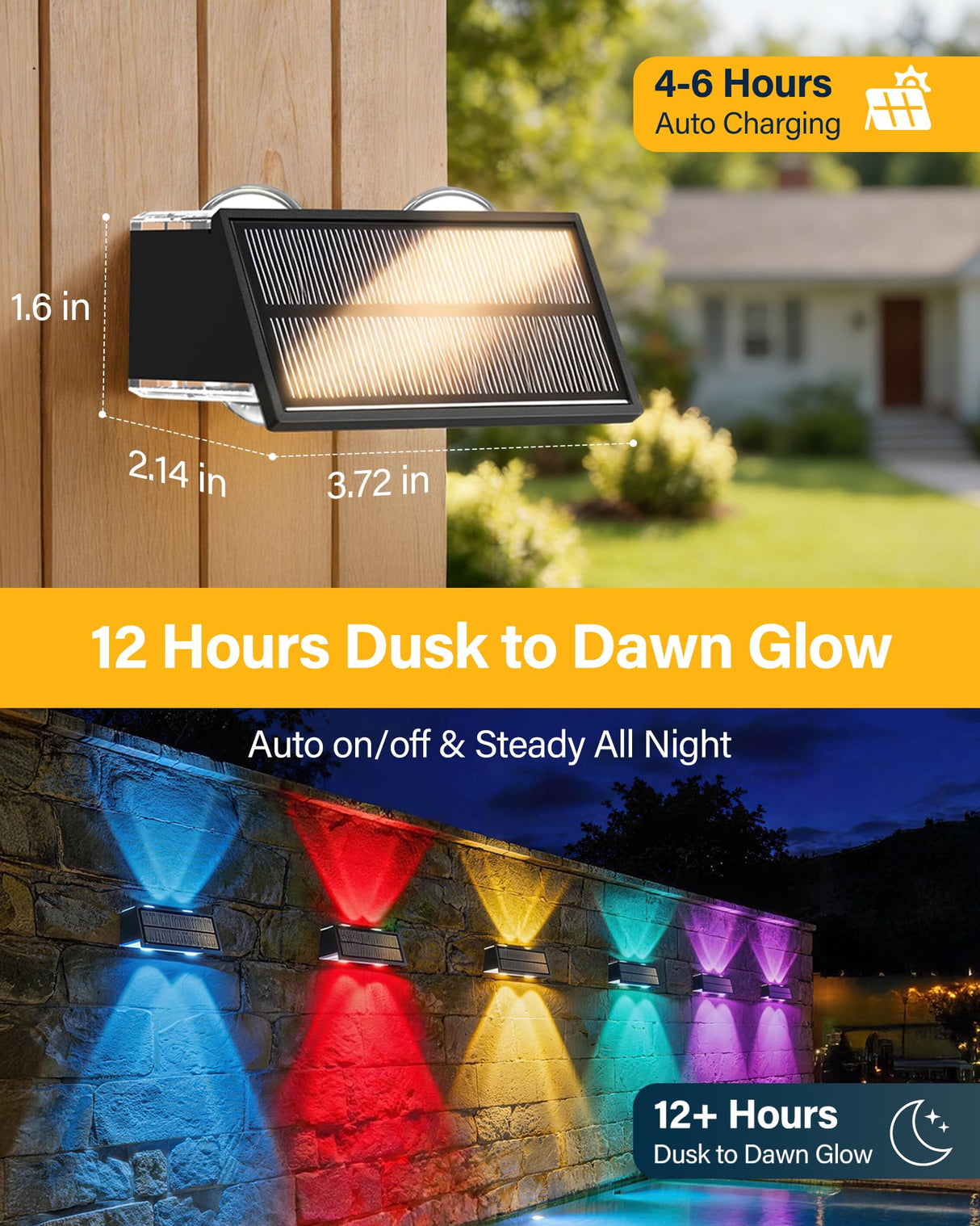 Toeuie Solar Fence Lights Outdoor, 10 Pack 100LM Fence Lights Solar Powered Waterproof, 9 Color Modes, Up & Down LED Focused Beam, 12H Dusk to Dawn Glow for Pool/Patio/Wall/Backyard - Black