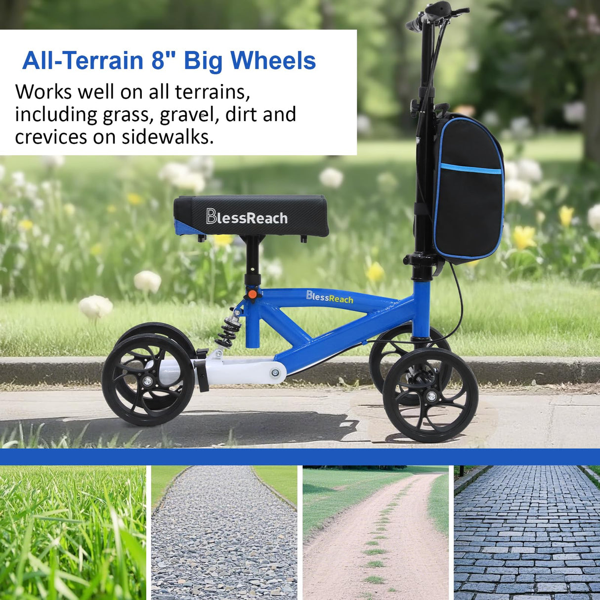 BlessReach Economy Knee Scooter Steerable Knee Walker for Foot Injuries Compact Crutches with Dual Rear on-Wheel Brake and Shock Absorption Under The Knee pad