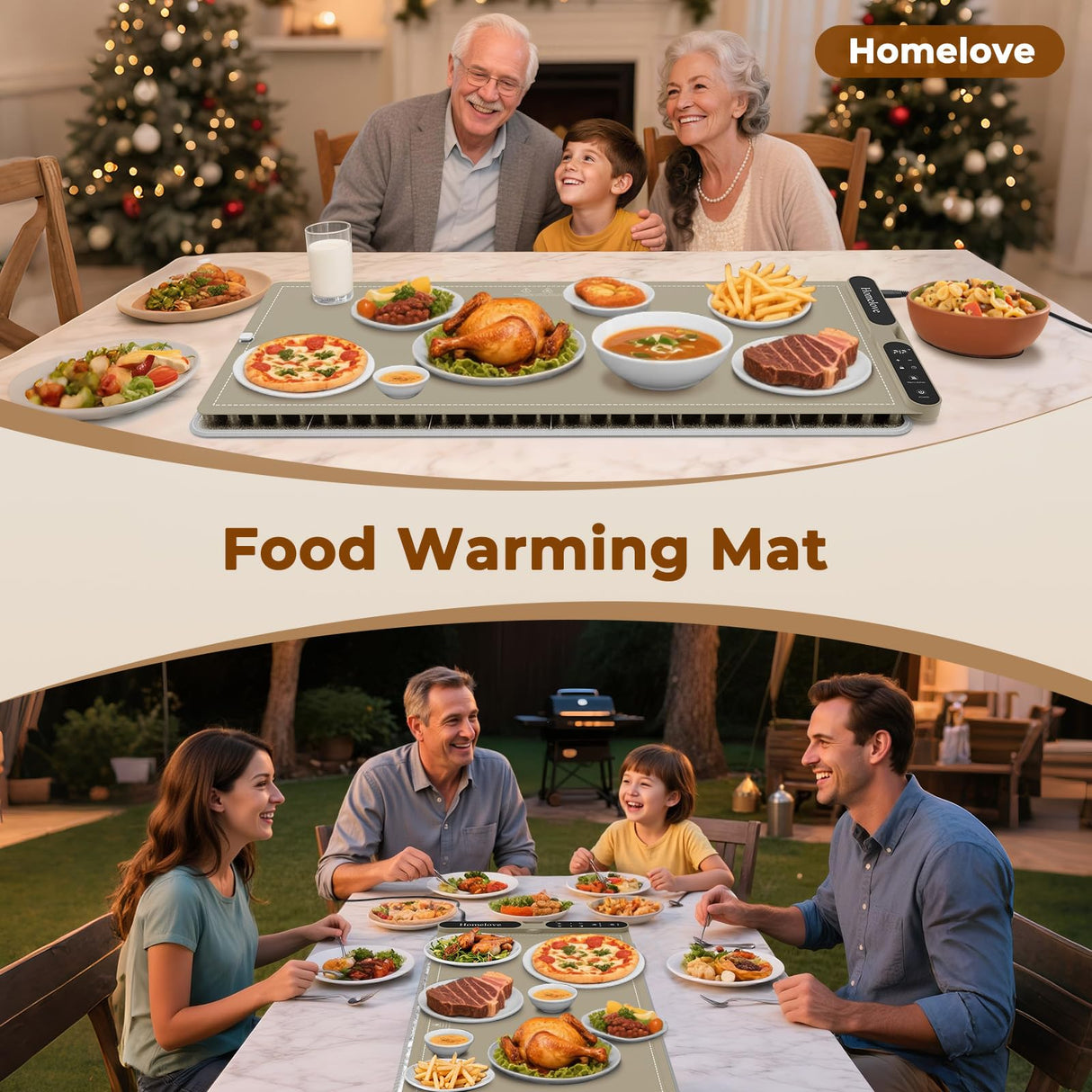 Homelove Warming Mat for Food - Fast Full Surface Electric Warming Tray with 7 Temp-Settings & 8H Timer, Portable Roll Up Food Warmer with Heat Insulation Pad for Gatherings Parties Buffet XXL-Khaki