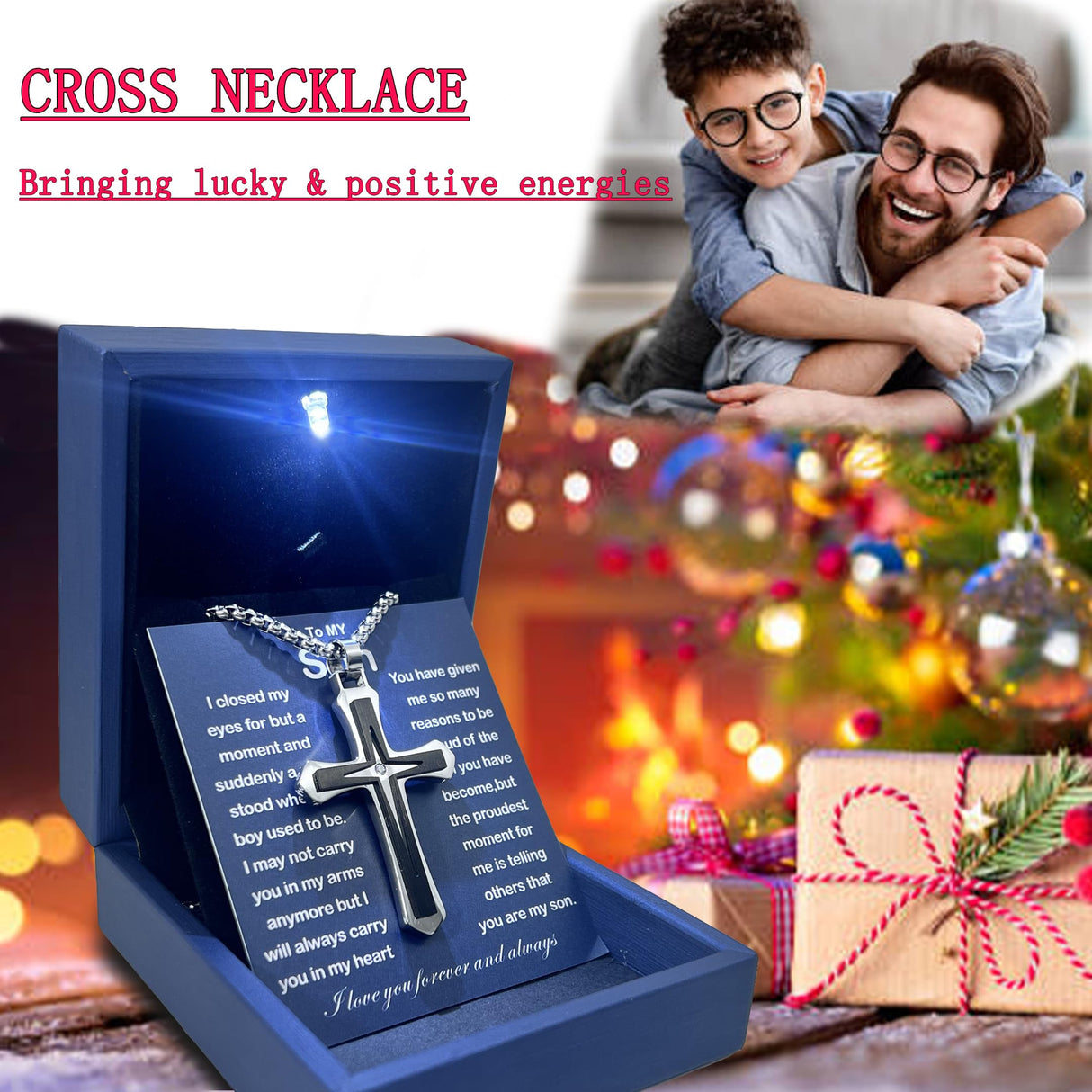 Son Gifts From Mom To My Son Necklace From Dad Faith Cross Necklace Present Graduation Birthday Christmas Gifts Message Card&LED Gift Box (SN928 Silver-black Led Box)