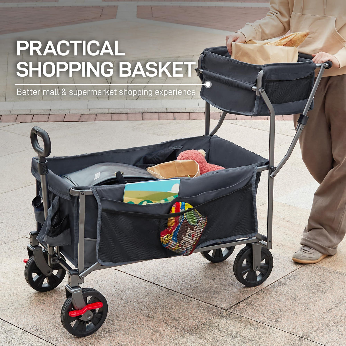 EVER ADVANCED Collapsible Push & Pull Shopping Cart with Wheels & Brakes, Foldable Wagon for Groceries with Practical Basket, Side Pockets & Cup Holders, Beach Utility Rolling Cart for Camping, Grey