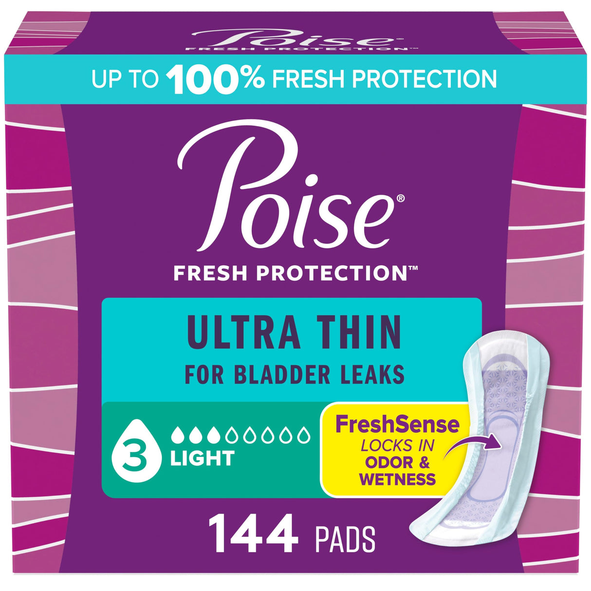 Poise Ultra Thin Incontinence Pads & Postpartum Pads for Bladder Leaks, 3 Drop Light Absorbency, Regular Length, 144 Count, Packaging May Vary