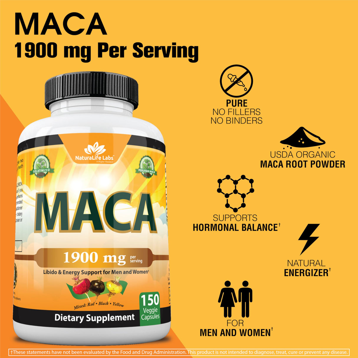 Organic Maca Root – Black, Red & Yellow – 1900 mg per Serving – 150 Vegan Capsules – Gelatinized Peruvian Maca – Non-GMO – Libido & Energy Support for Men and Women