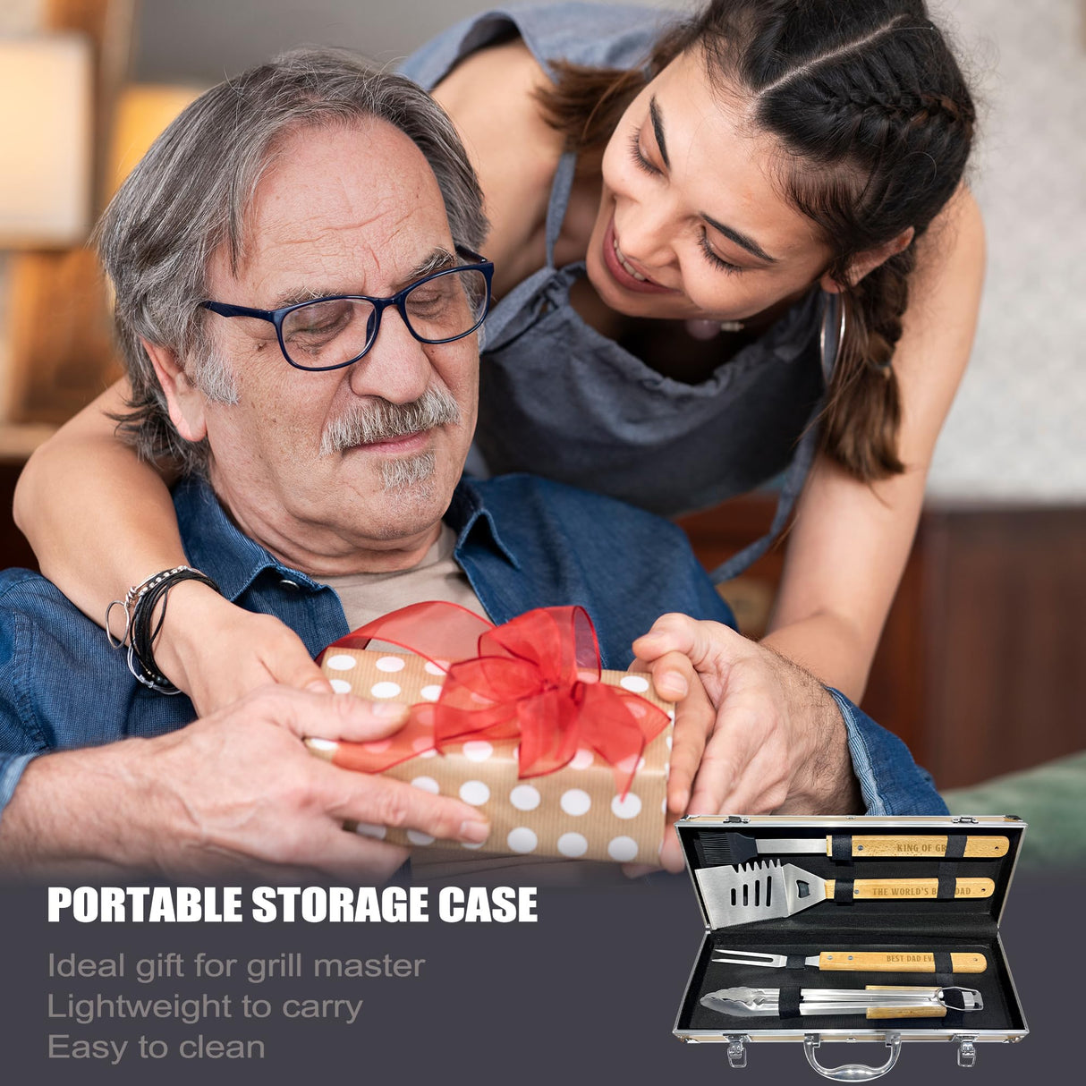 Dad Birthday Gifts from Daughter Heavy Duty Wooden BBQ Grilling Accessories Kit for Backyard, Thick Stainless Steel Grill Utensils with Non-Slip Handle Tools in Portable Bag Christmas