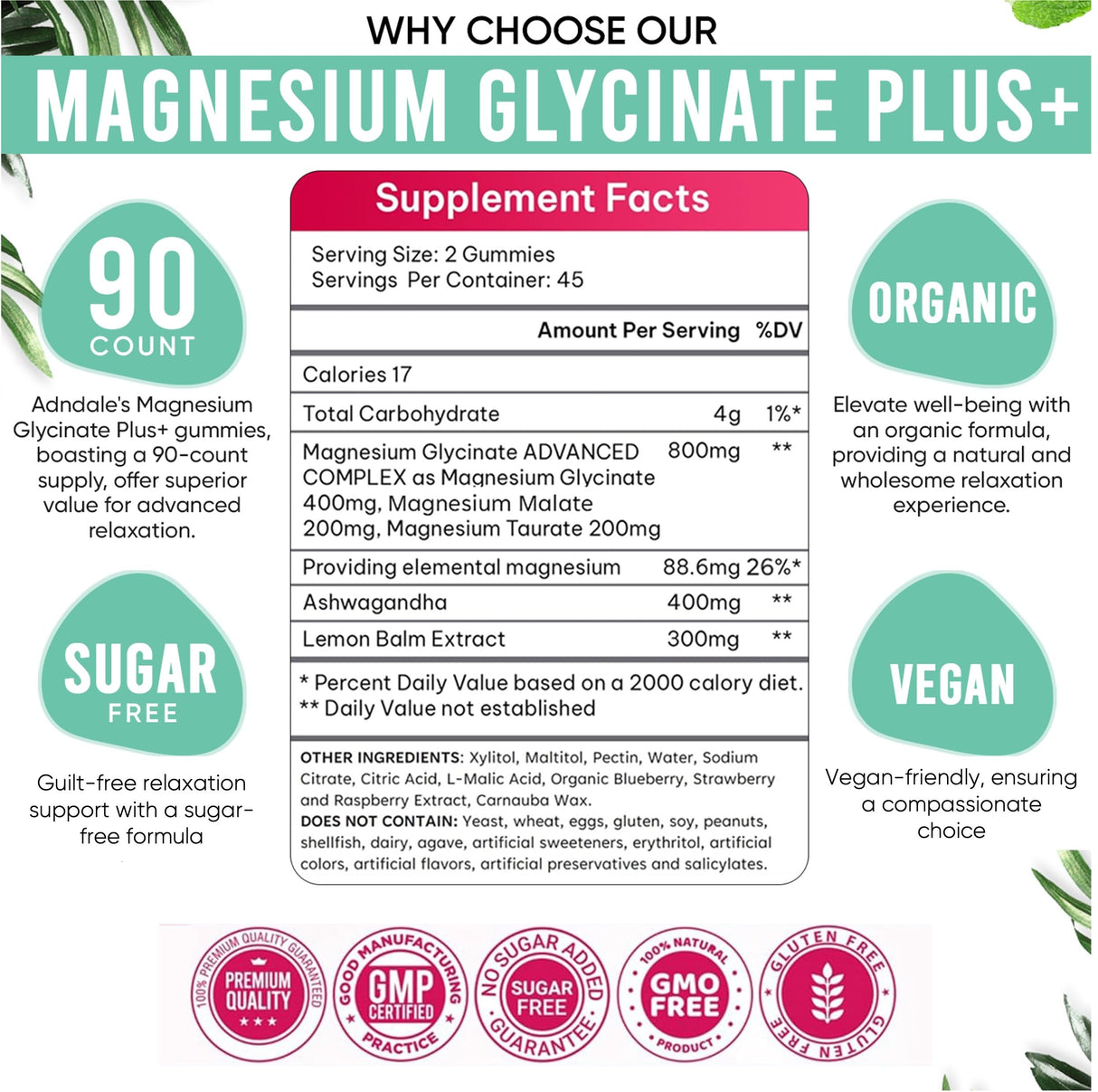 Adndale 90 CT Magnesium Glycinate 400 mg Gummies with Ashwagandha, Magnesium Malate & Taurate, Sugar Free Magnesium Gummies for Adults & Kids.