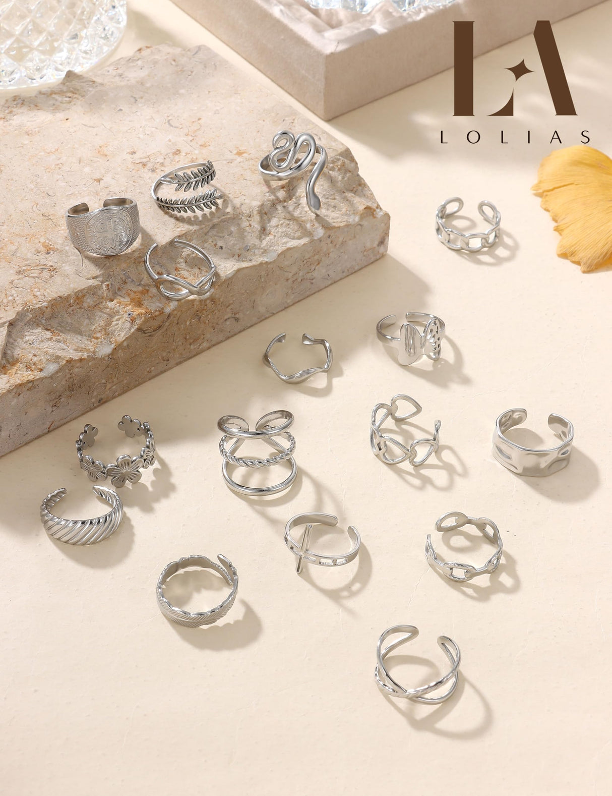 LOLIAS 16Pcs Stackable Stainless Steel Rings Jewelry for Women Non Tarnish