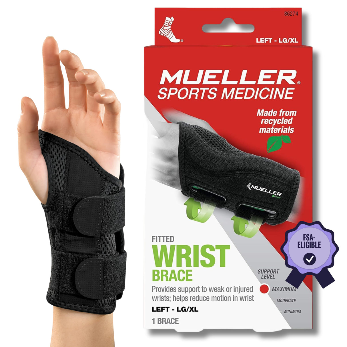 MUELLER Sports Medicine Green Fitted Wrist Brace for Men and Women, Wrist Pain Relief Support, Ideal for Carpal Tunnel, Tendonitis, Arthritis, Left Hand, Black, Large/X-Large