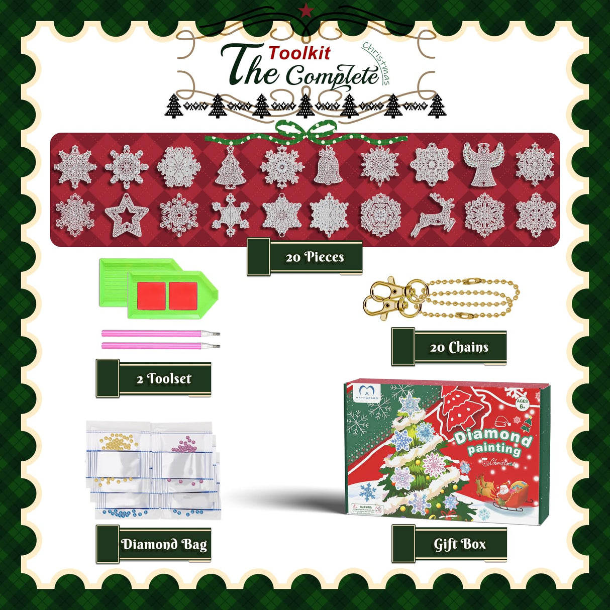 MATHARAGO 20 Pcs Snowflakes Diamond Art, 5D DIY Double-Sided Christmas Ornaments, Diamond Painting Keychains for Christmas and Daily Decoration(White-Christmas)