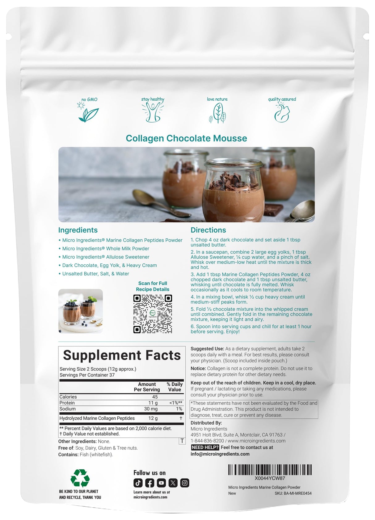 Micro Ingredients Marine Collagen Peptides Powder, 1 lb | Type I Marine Collagen + Natural Protein | Wild-Caught Fish Source | Unflavored | Supports Hair, Skin & Joint Health | Pescatarian, Non-GMO
