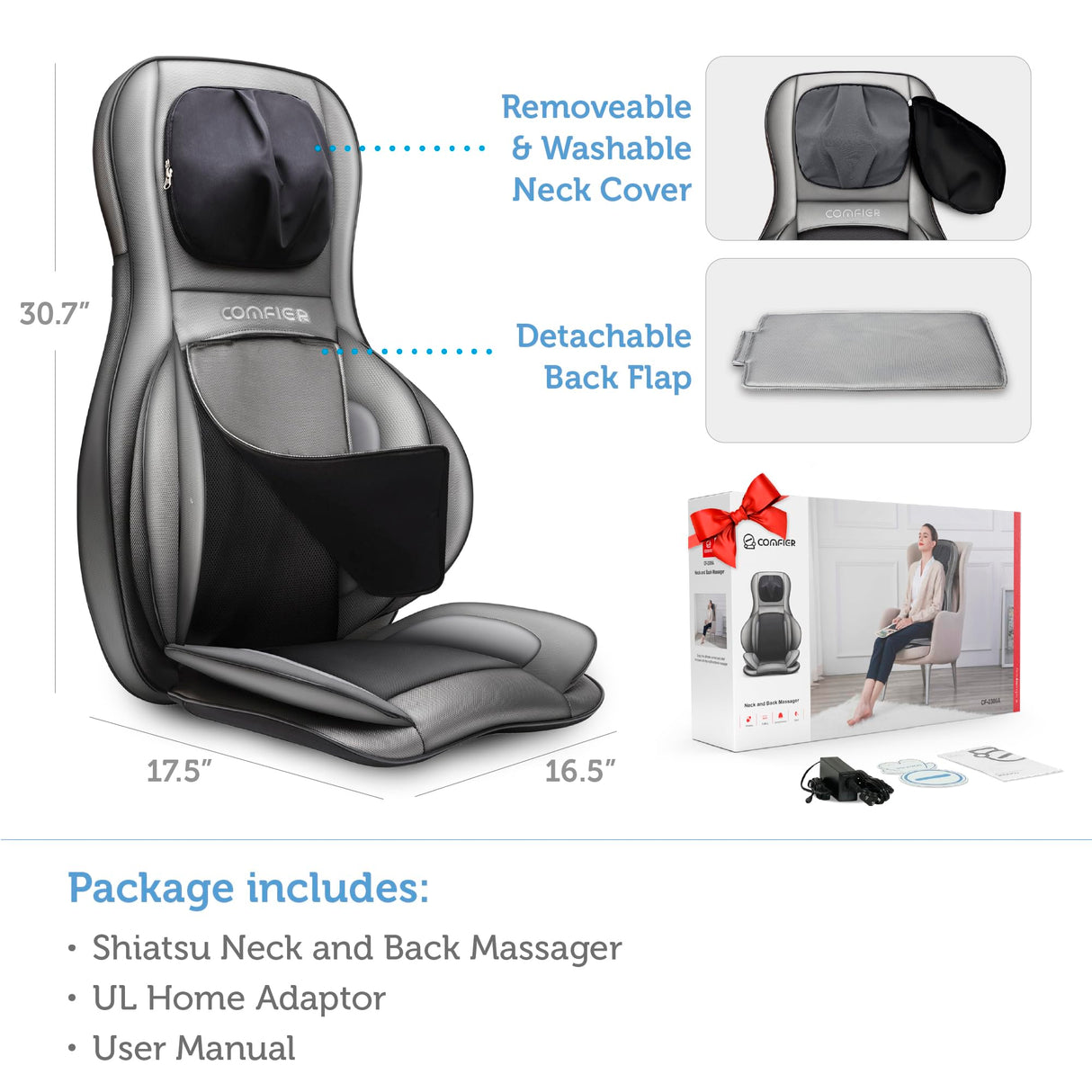 COMFIER Shiatsu Neck Back Massager with Heat, 2D ro 3D Kneading Massage Chair Pad, Full Body Massage Pad, Gifts for Dad Mom
