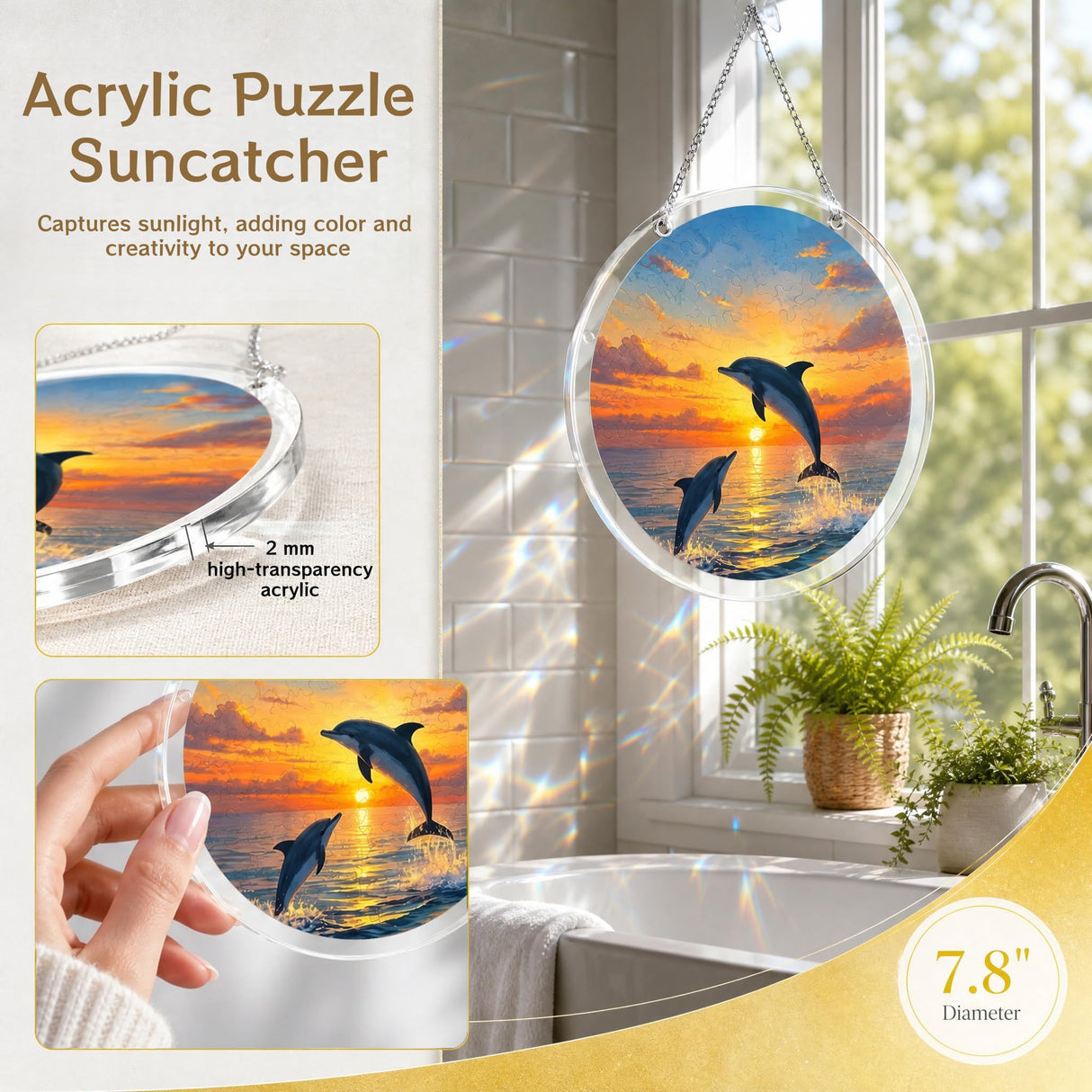 Acrylic Puzzle Suncatcher 7.8 in,Acrylic Jigsaw Puzzle Suncatcher DIY Sun Catcher Puzzles Kit,Home Garden Decor Window Hanging Ornament Art,Home Decor Gift for Women,Mom,Wife,Friends,Ocean
