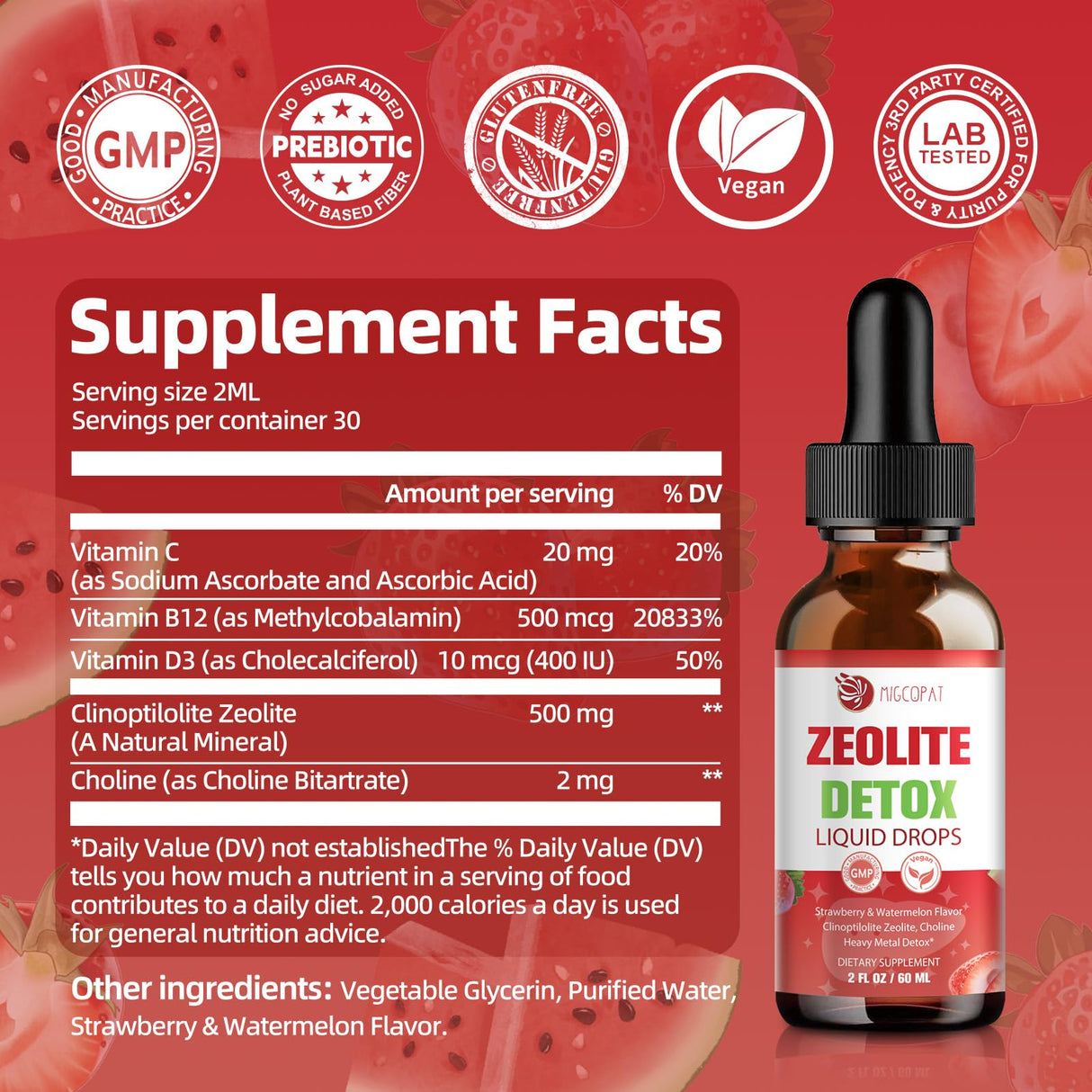 Zeolite Detox Liquid Drops 2 Pack(60ml Each), Zeolite Drops with B12, D3 & Vitamin C – Pure Body Cleanse Support for Heavy Metals, Natural Zeolite Formula, Strawberry Watermelon Flavor, 120ml