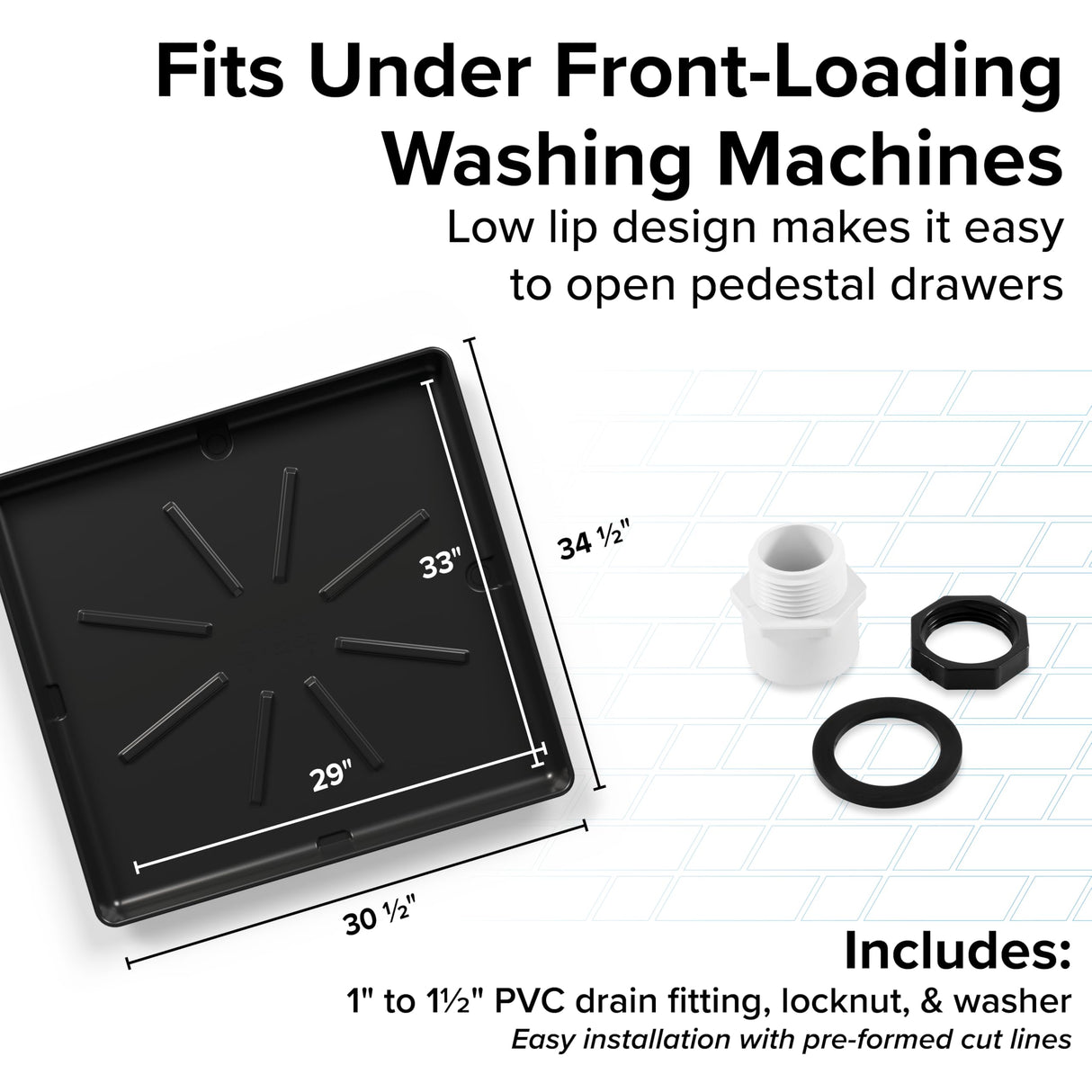 Camco Low Profile Washing Machine Drain Pan with PVC Fitting - 29 inch x 33 inch ID and 30.5 inch x 34.5 inch OD - Protects Your Floors from Washing Machine Leaks - Easy to Use - Graphite - 20784