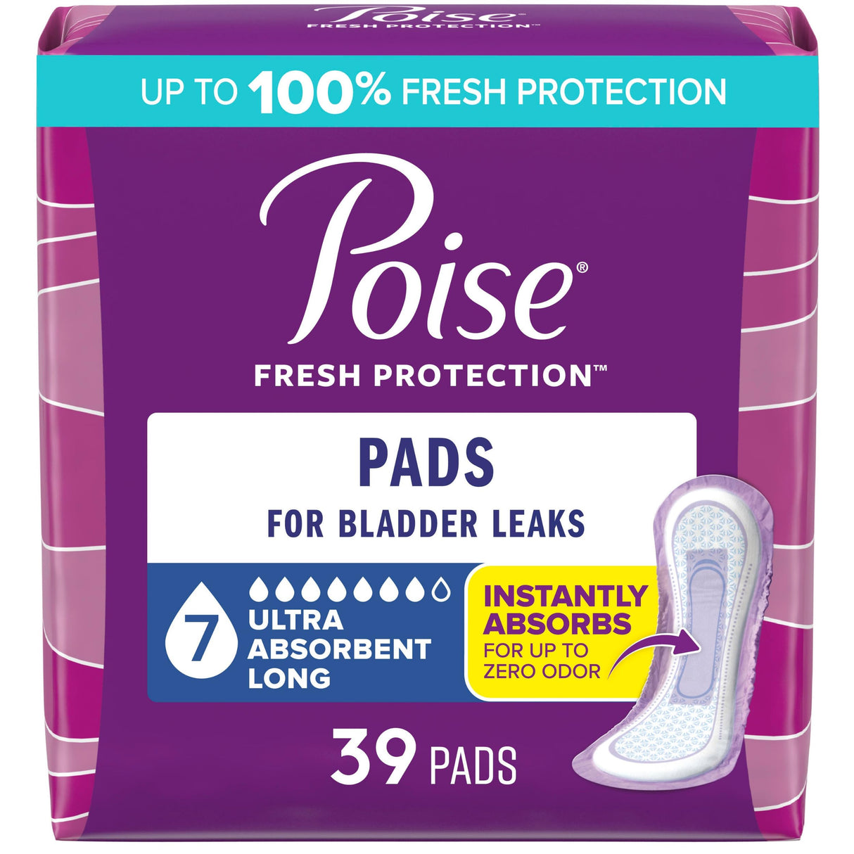 Poise Incontinence & Postpartum Pads for Bladder Leaks, 7 Drop Ultra Absorbency, Long Length, 39 Count, Packaging May Vary