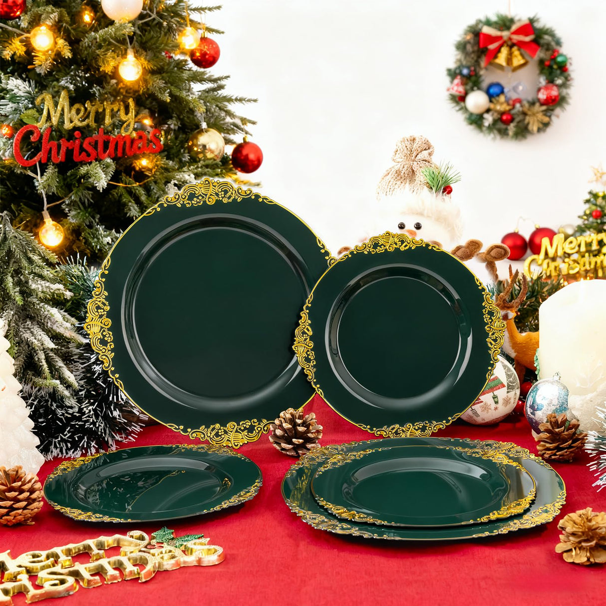 Joyido 102PCS Green and Gold Plates - Green Plastic Plate - Fancy Heavy Duty Disposable Plates - Heavyweight Disposable Dinner & Dessert Plate for 51 Guests for Party & Christmas