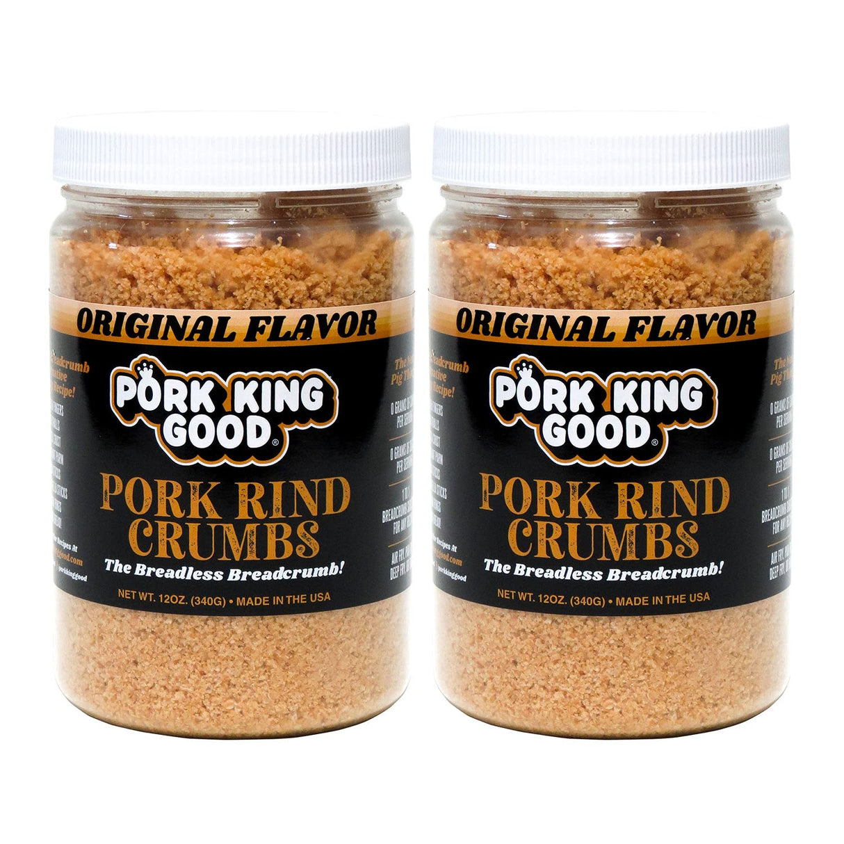 Pork King Good - Pork Rind Breadcrumbs - 2 Pack! Keto Friendly, Paleo, Gluten-Free, Sugar Free, Zero Carb Panko Substitute (Two 12 Oz Jars) (Original, 2 Pack)