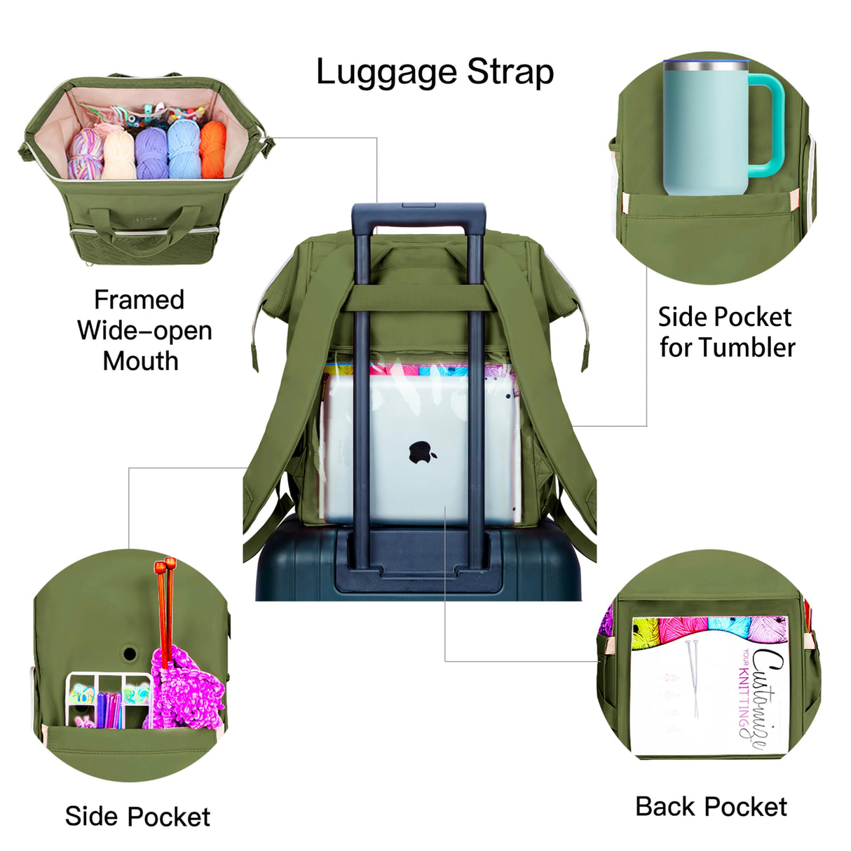 Leudes Knitting Bag Backpack,Yarn Storage Organizer Large Crochet Bag Tote Christmas Gift Yarn Holder Case for Carrying Projects,Knitting Needles (Army Green)