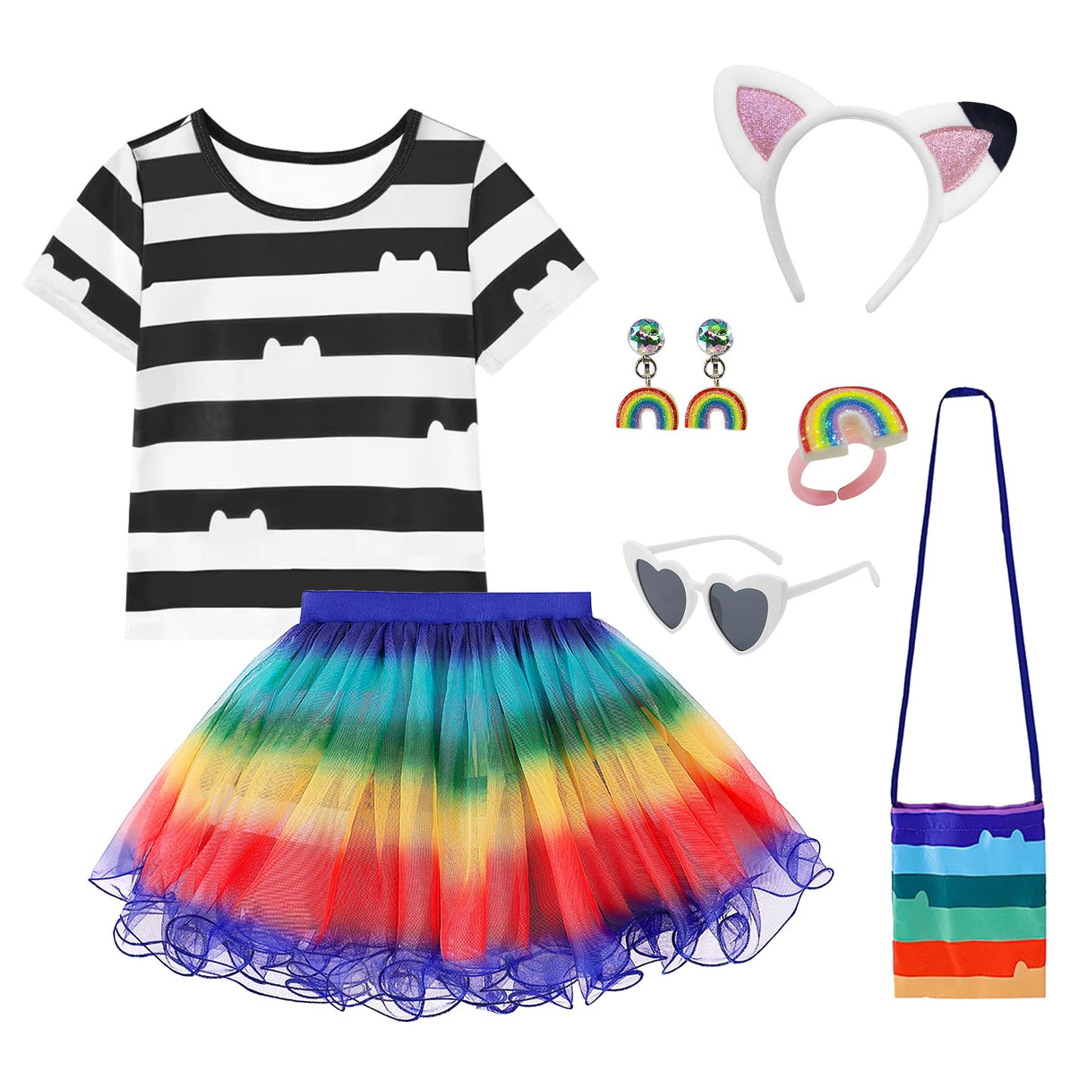 DAISYDUDS Girls Toy House Costume Rainbow Tutu Dress With Striped Top, Accessories Set Halloween Christmas Outfits(140cm/7-8T) Black and White