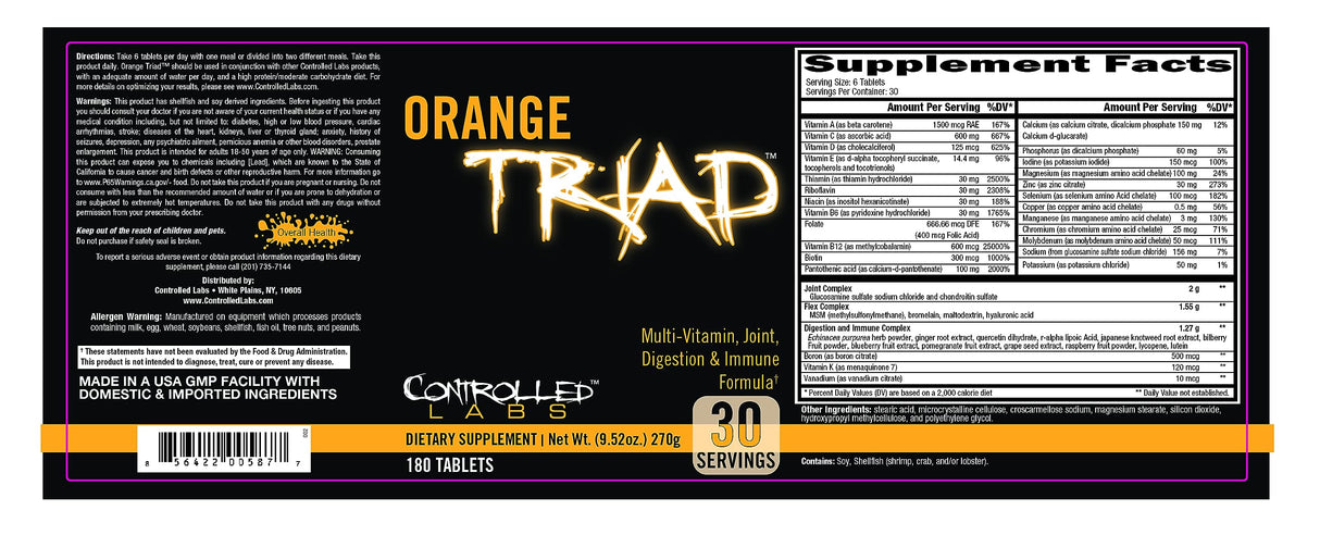CONTROLLED LABS Orange Triad Daily Multivitamin, Iron Free Sports Supplement for Workout, Digestion, Immune, and Joints, 30 serv Muscle Building and Recovery Tablets