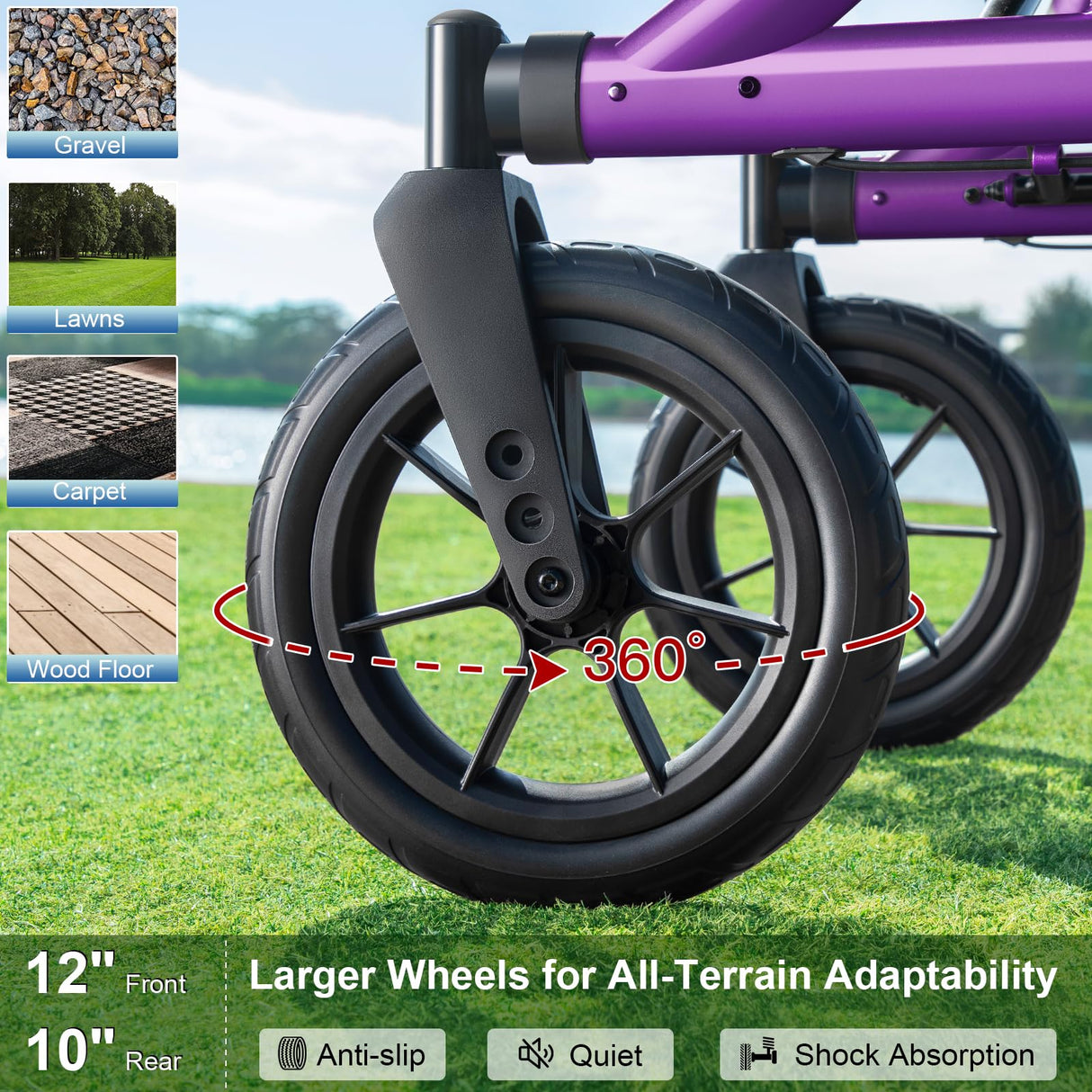 MAXWALK Walkers for Seniors, Rollator Walker with Seat, 12" Big Rubber Wheels All Terrain Rollator Walker with Backrest, Built-in Cable, Cup Holder, Foldable and Height Adjustment for Seniors, Purple