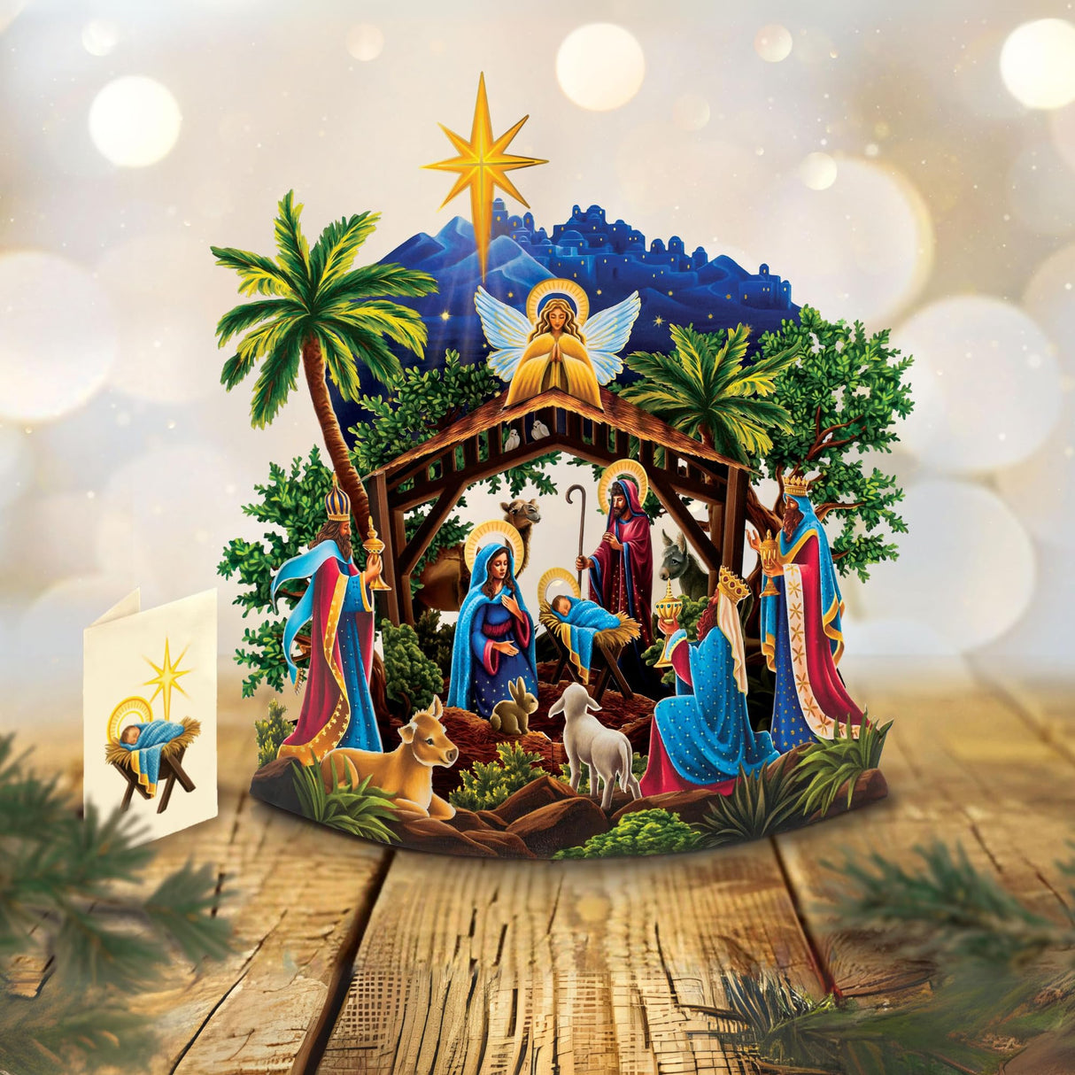 Freshcut Paper Pop Up Cards, 15 Inch Starlit Nativity, Pop Up 3D Greeting Cards, Paper Nativity Scene Decoration, Christmas Card, Holiday Card, Blank Notecard & Envelope