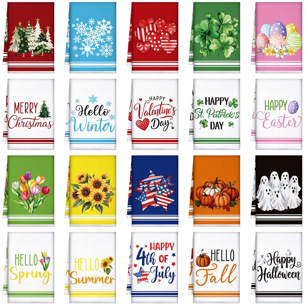 FuWeave 20 Pcs Holiday Kitchen Towels Seasonal Decorative Hand Towels Set Christmas Dish Cloths Winter Valentine's Day 16 x 24 Colorful Wash Cloths with Hanging Loop(Fresh)