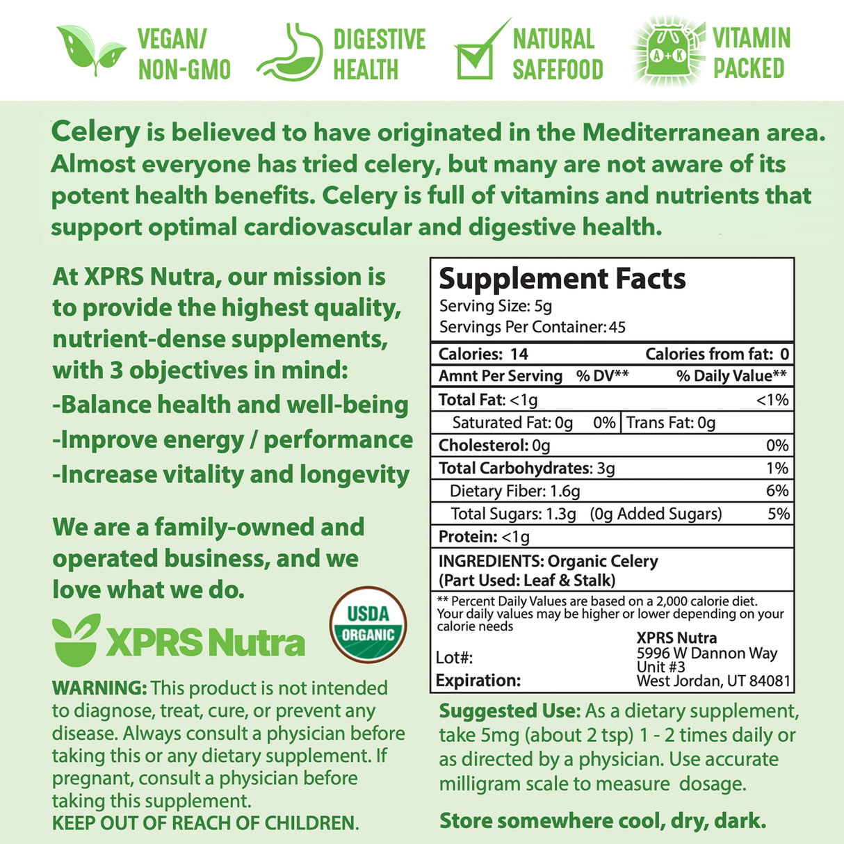 XPRS Nutra Organic Celery Powder - Celery Organic Fresh Powder Antioxidant - Premium Celery Powder Organic - Vegan Friendly Celery Fresh Powder (8 Ounce)