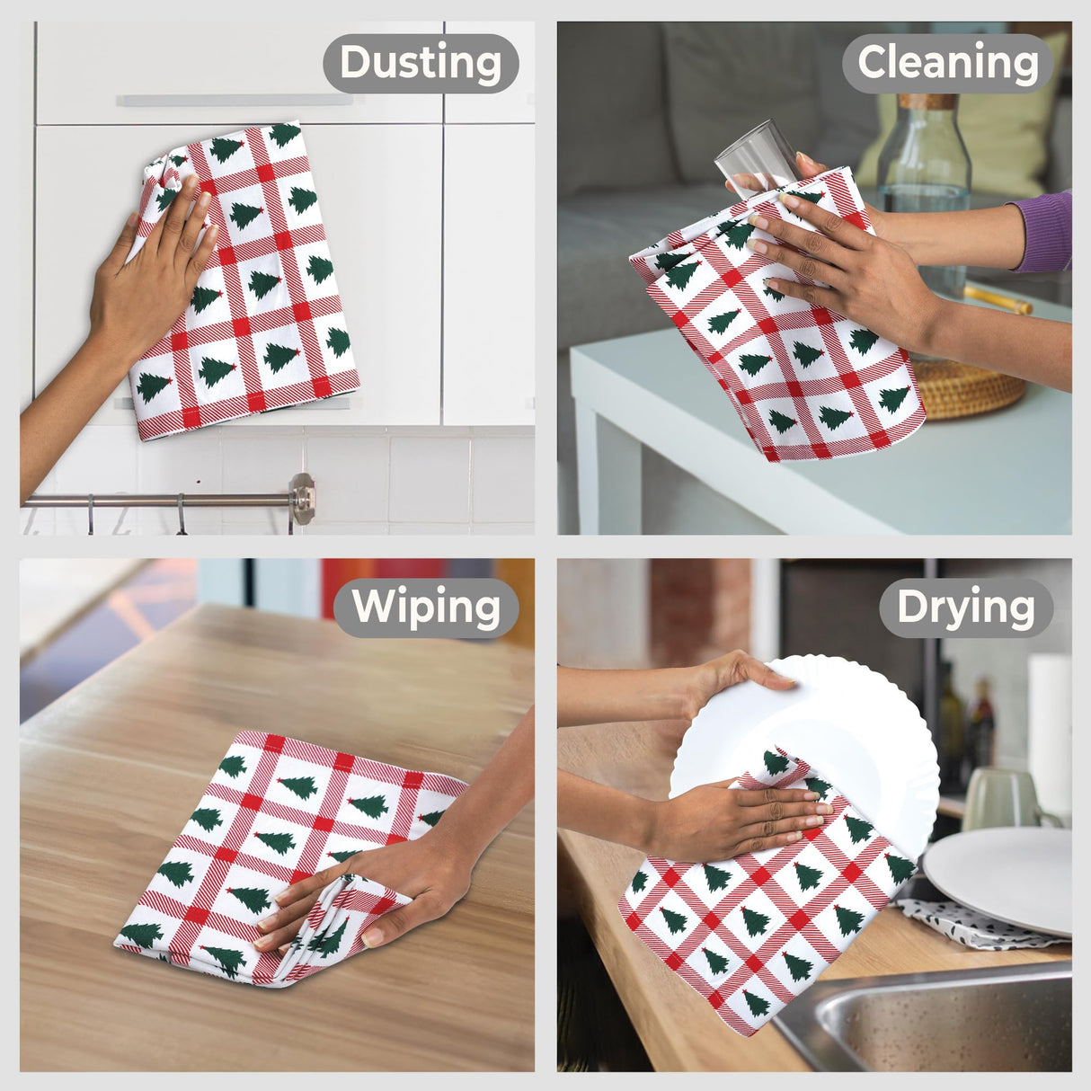 Urban Villa Christmas Kitchen Towels Christmas Tree Print Premium Quality 100% Cotton Dish Towels Mitered Corners Ultra Soft (Size: 20X30 Inches) Highly Absorbent Bar Towels & Tea Towels - (Set of 6)