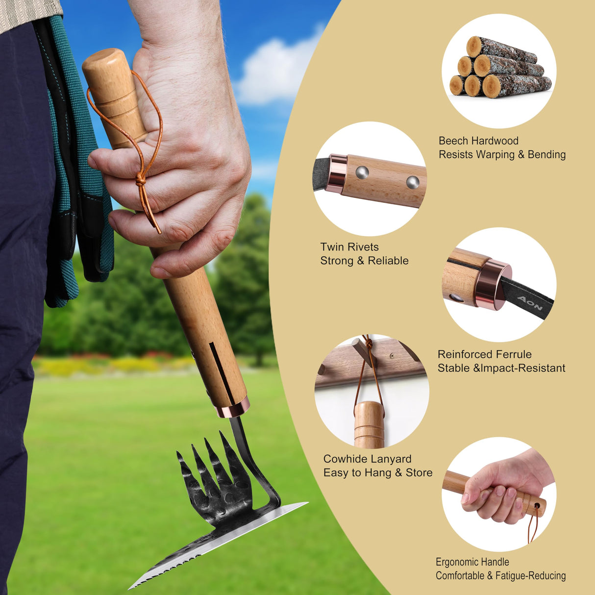 AON Japanese Weeding Sickle & Hand Hoe, 4-Tine Uprooting Garden Tool
