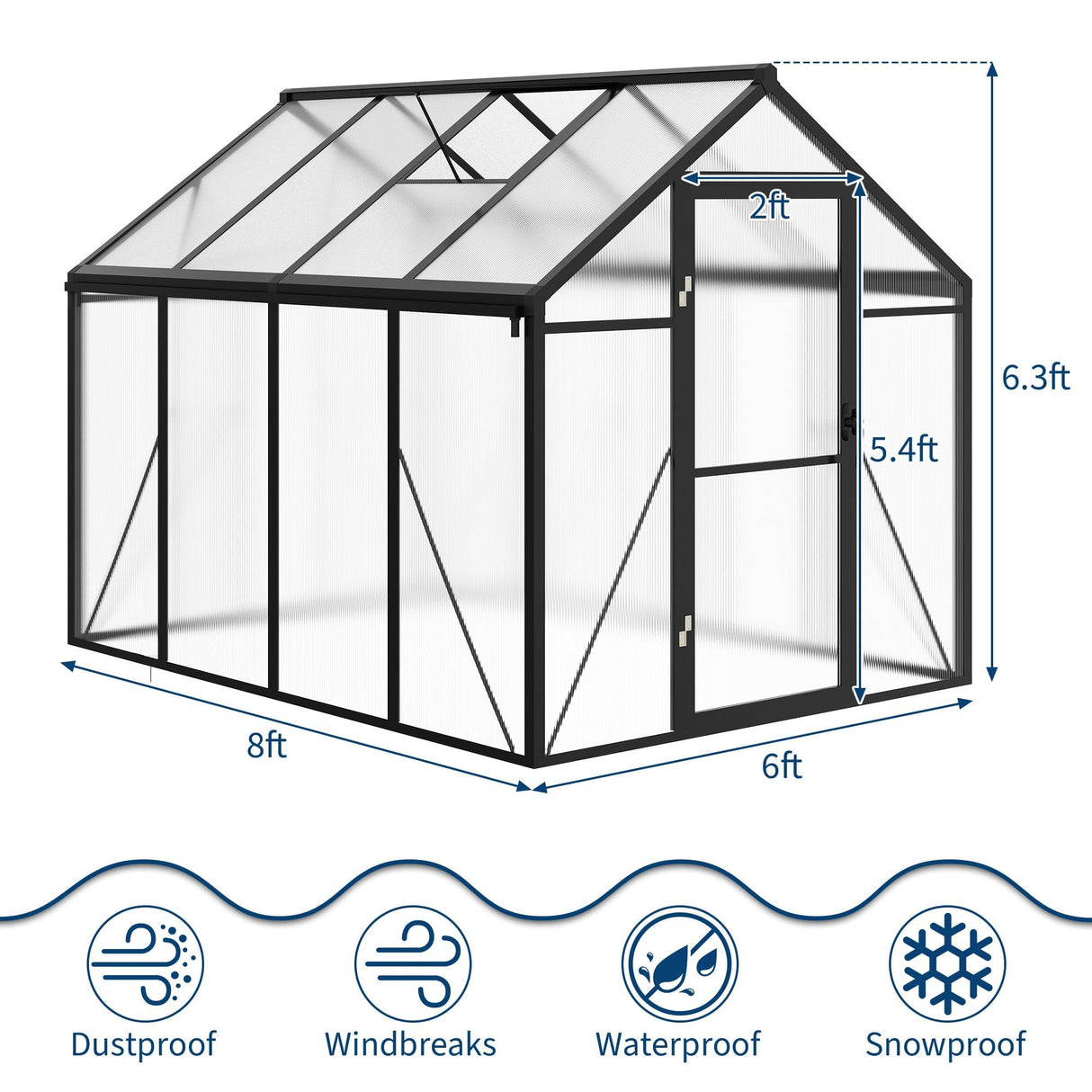 6x8FT Polycarbonate Greenhouse, Walk-in Outdoor Aluminum Frame Greenhouse with Roof Vent, Lockable Push Door for Garden, Backyard, Patio & Lawn