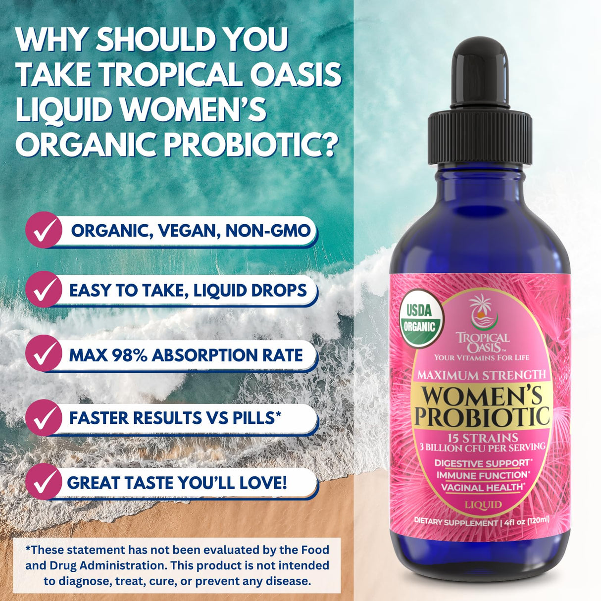 USDA Organic Liquid Probiotic for Women | PH Balance, UT, & Feminine Health | Digestive Support, Immune & Gut Health | 15 Clinically Studied Strains | 98% Absorption | Vegan, Non-GMO | 40 Servings