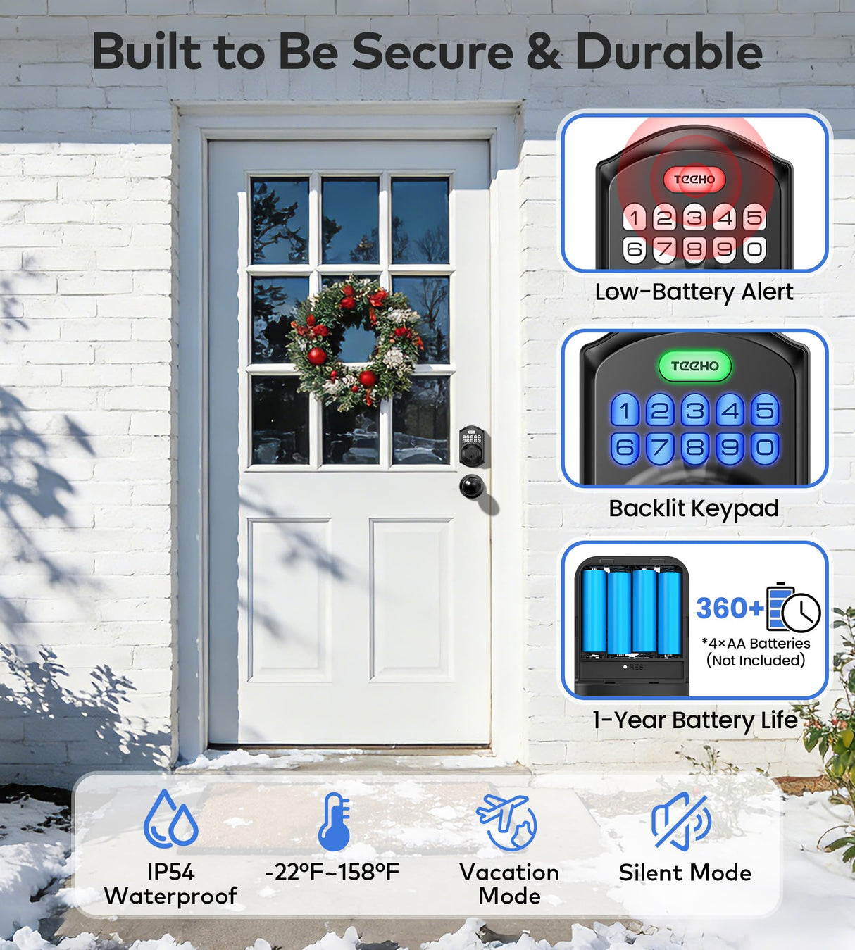 TEEHO TE001K Keyless Entry Door Lock with Handle, Electronic Keypad Deadbolt with 2 Knobs, High-Security Front Door Handle Set for Home & Rental, Smart Auto-Locking, Easy Install, Matte Black