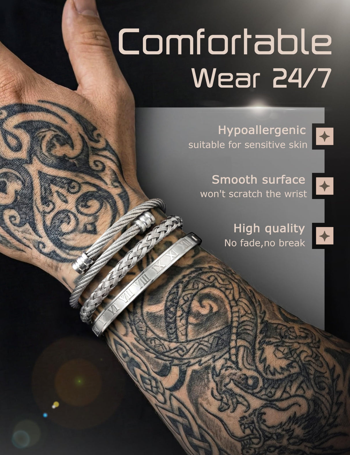 YADOCA 3Pcs Stainless Steel Bracelets for Men Roman Numeral Bangle Bracelet Adjustable Cuff Bracelet Twisted Cable Bracelet Mens Luxury Bracelets Jewelry Gifts Gold/Silver/Black