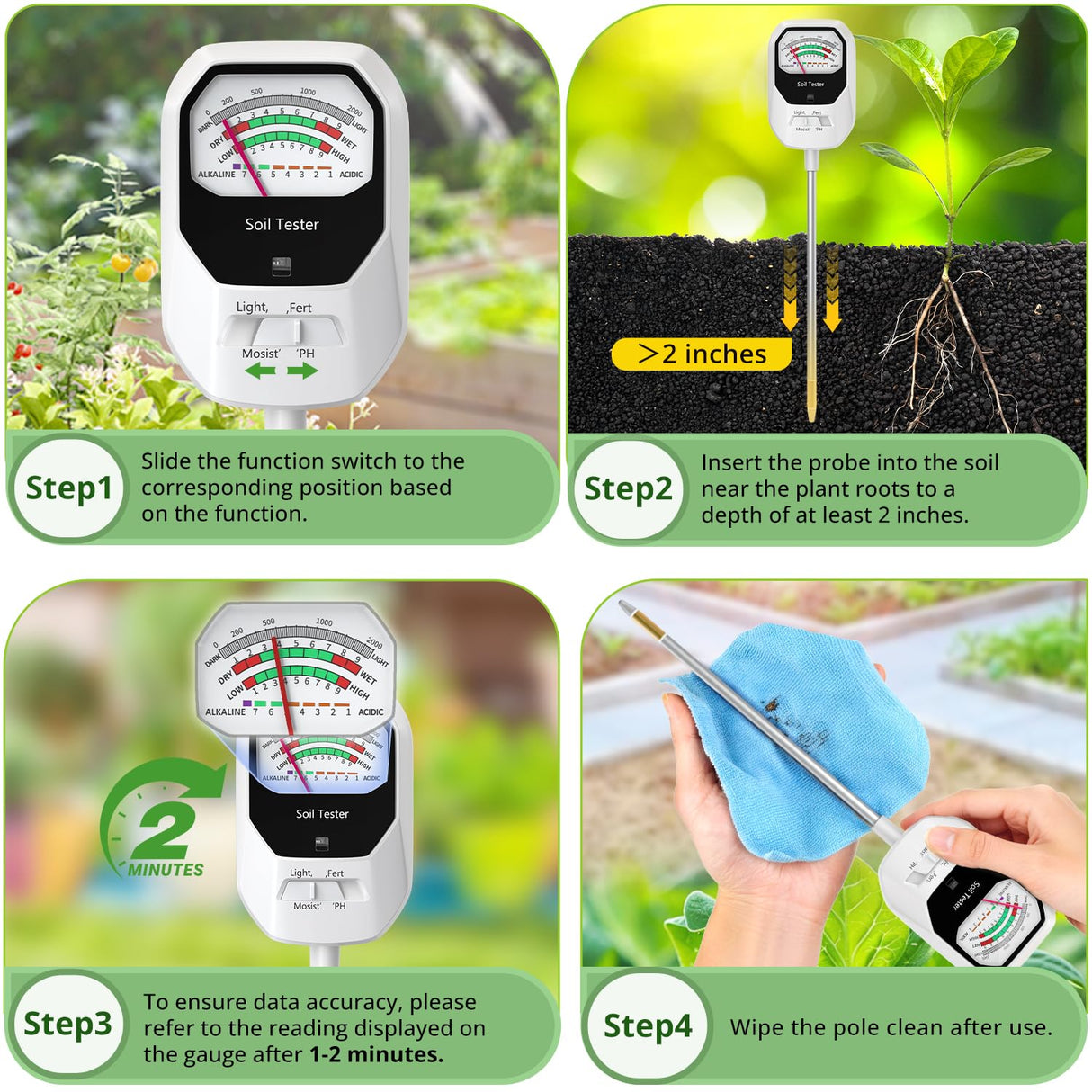 Buladeke 4-in-1 Soil Moisture Meter Soil Moisture/Fertility/PH Meter/Sunlight Intensity Soil Test Meter for Gardening, Farming and Outdoor Plants