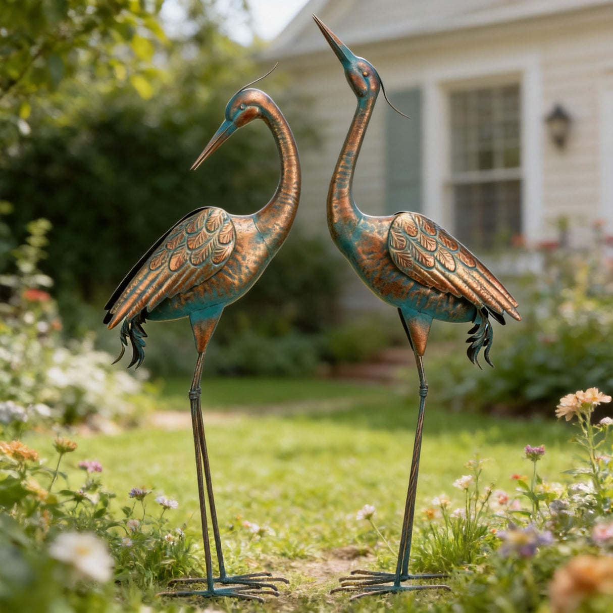 chisheen Garden Crane Statues Blue Heron Metal Yard Art Outdoor Decoration,Large Sculptures for Lawn Patio Porch,39-44 inch,Set of 2