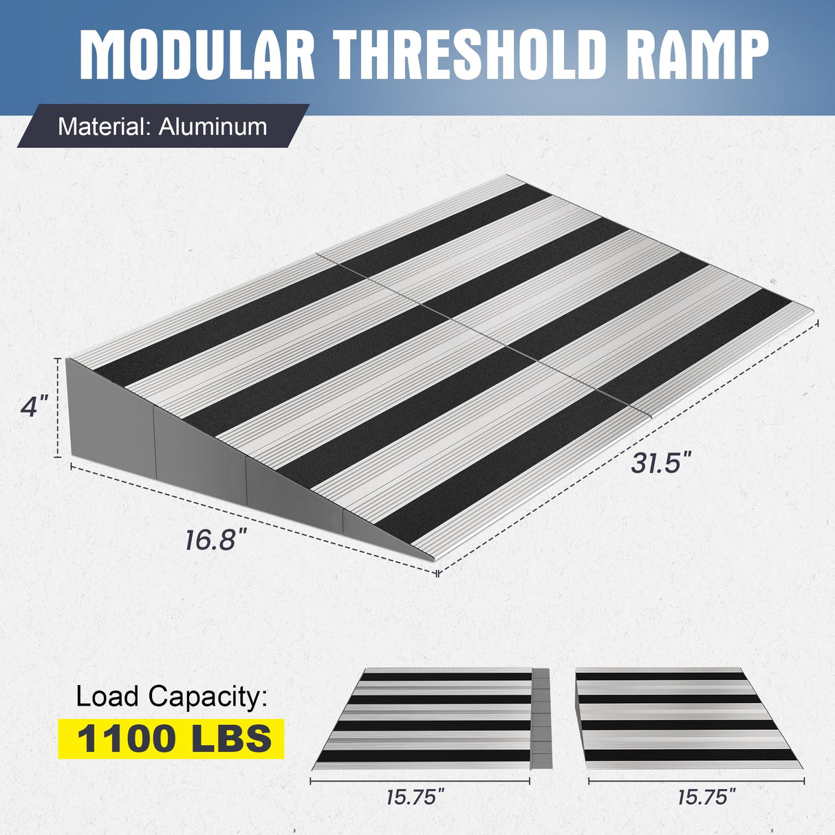 Nuvium 4" Rise Modular Threshold Ramp for Doorways, Stable Wheelchair Ramp for Home Steps, Aluminum Door Ramp and Curb Ramp for Scooters, Power Chairs, Cars, 1100LBS Load Capacity