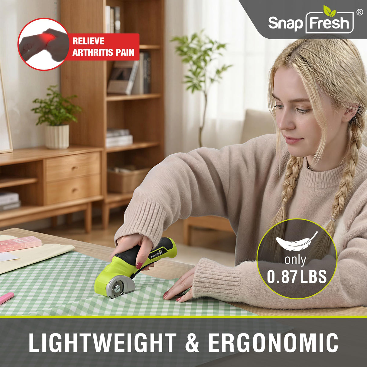 SnapFresh Cordless Electric Scissors, 4V Electric Mini Box Cutter, Carpet & Cardboard Cutter Tool with a Replacement Blade/Charger, Rotary Cutter for Cardboard Packages Leather Plastic (Green)